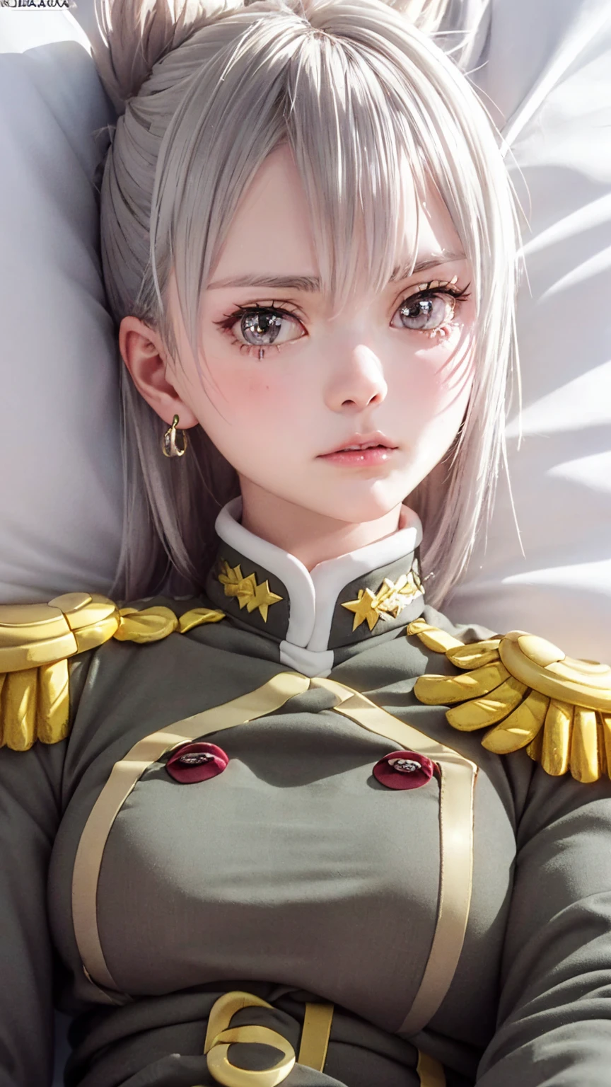 (masterpiece: 1.3), (Maximum resolution: 1.2), (Ultra HD TV: 1.2), Cinematic Light, 8K resolution, Detailed facial features , (Sharp focus: 1.2),Perfect Style, Beautiful Face, Acura, Anatomically correct, Highly detailed face and skin quality感, Beautiful Eyes,ThroughkBright Eyes, Natural Cheeks, Glowing Skin, (Glossy Lips: 1.4),、 (A shameful expression: 1.2),Highly detailed face and skin quality, Natural Cheeks, , Glossy Lips,Exposed cleavage、(White mucus on chest:1.6)(White mucus on thighs:1.6)、 blush、Humiliating、shame、Please open your knees、dissatisfaction、anger、tears、sorrow、Glaring at the camera、Spread your legs、Sparkly little earrings and necklace、Disheveled clothes、Exposed panties、stockings、Drenched in sweat、Thin underwear、Wet underwear、stockings 、Long Hair、32 years old, Clean woman,1 person、 first class cabin、On the back of an armored vehicle(On my back, Lying down in bed, Lying down in bedいる, Lying down, White sheets:1.3)、blonde、Silver Hair、Blue-gray eyes、Green-gray eyes,(Miniskirt military uniform:1.4)、scarf、dissatisfaction、Masturbate、Nipple exposure、Soft Breasts、White bare thighs