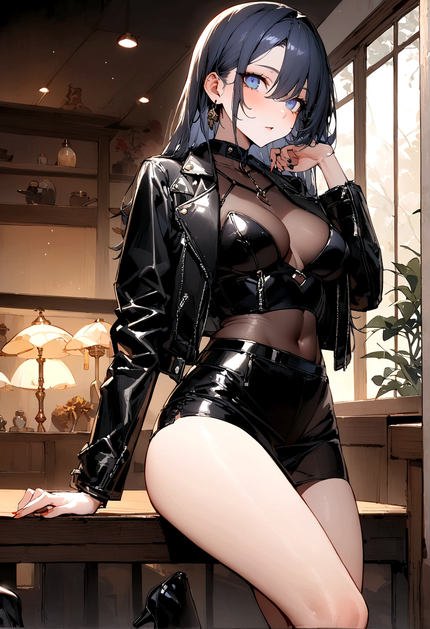 masterpiece, 最好of质量, 聪明of, 强of, of, 有着长长of卷曲金发of美丽女人, blue eyes, Black mini skirt, High heel, leather jacket