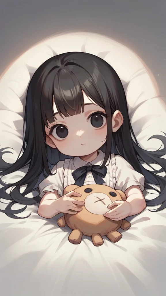 Make me a doll blythe doll real light brunette, with straight black hair, with bangs and black eyes