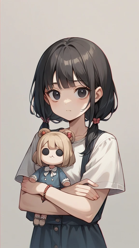 Make me a doll blythe doll real light brunette, with straight black hair, with bangs and black eyes