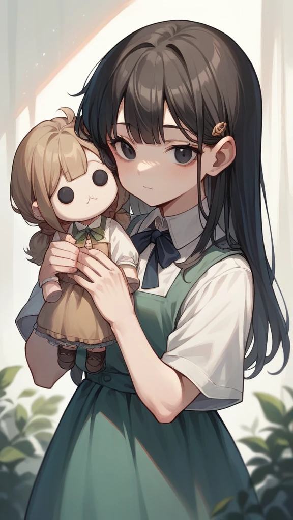 Make me a doll blythe doll real light brunette, with straight black hair, with bangs and black eyes