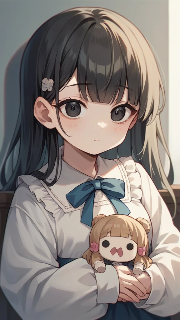 Make me a doll blythe doll real light brunette, with straight black hair, with bangs and black eyes