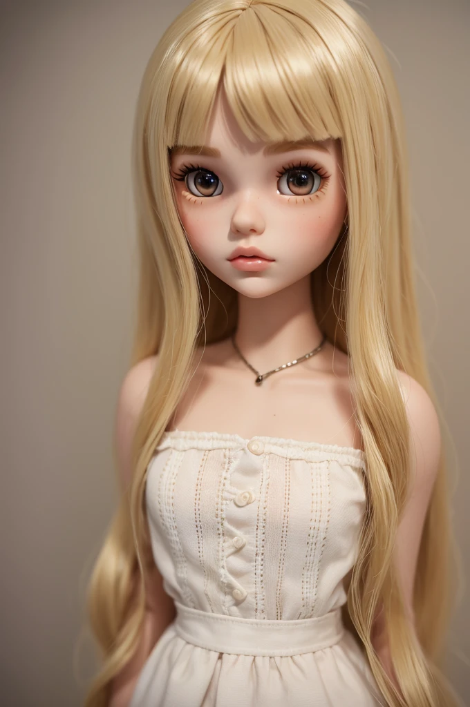 blythe doll with blonde hair and brown eyes