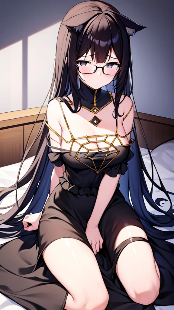 A 20-year-old cat girl with long black hair, gray eyes, bust, wears glasses, and a thigh-length black evening dress. Sitting next to the bed, At the bedroom
