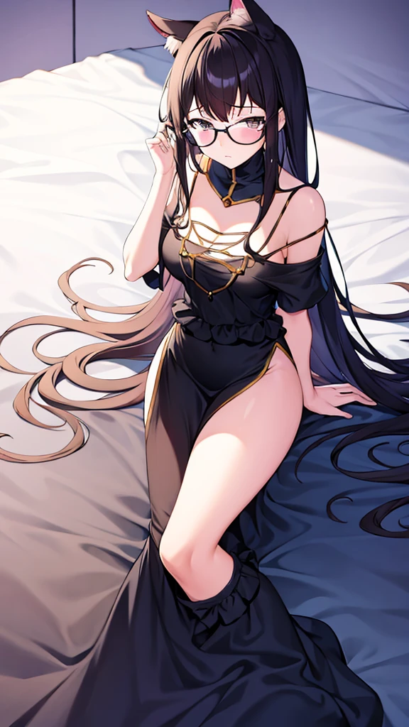A 20-year-old cat girl with long black hair, gray eyes, bust, wears glasses, and a thigh-length black evening dress. Sitting next to the bed, At the bedroom
