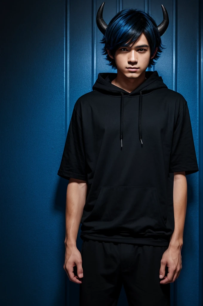 best quality, anime boy with black hair, black hood, blue and black gradient horns, black shirt with blue stripe going around it, black pants with blue stripe