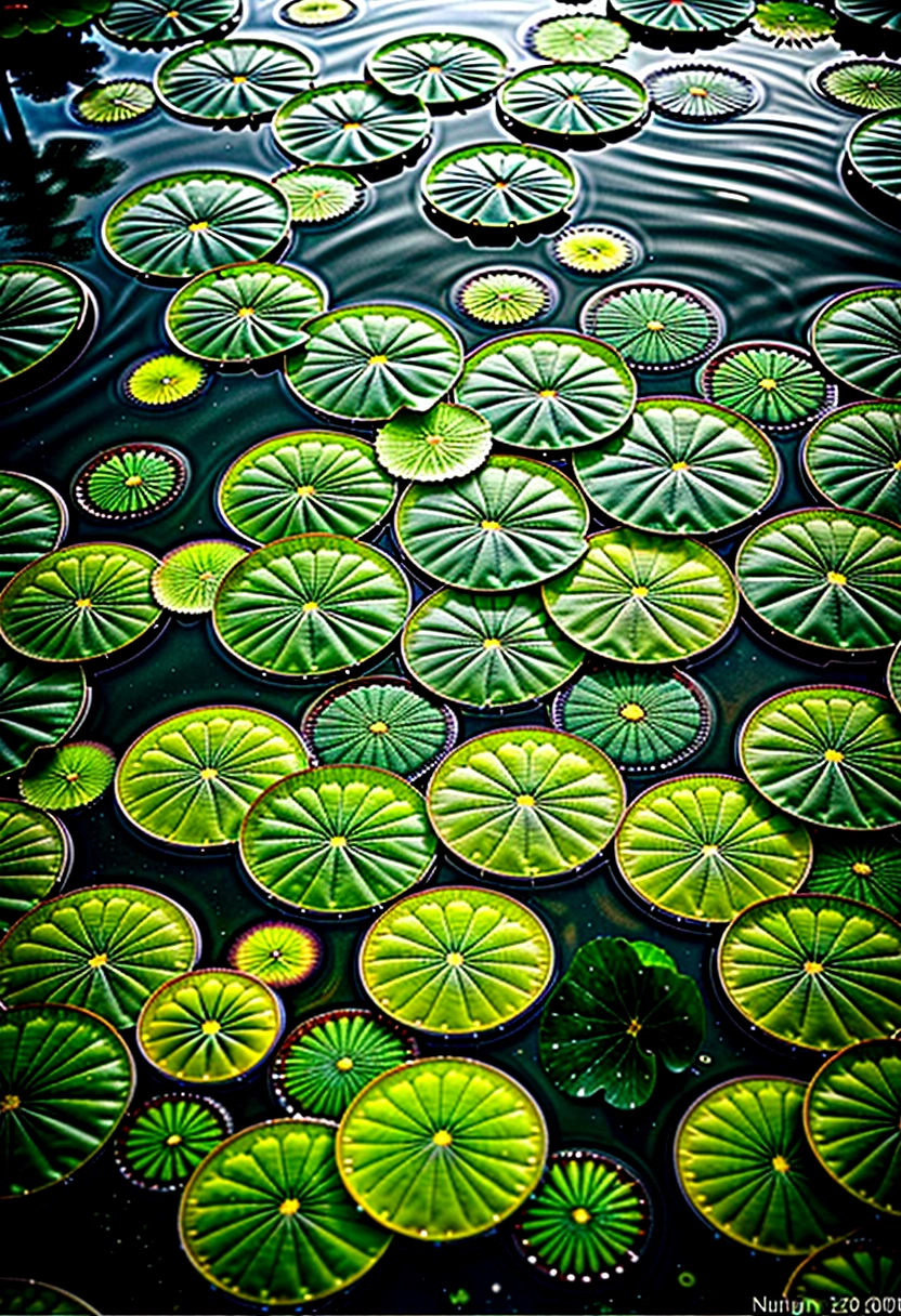 Lotus Pond Photography, upward angle,lotusleaves, water surface, duckweed, blue sky, high saturation, natura!light, fresh green, vitality, 32K.--v 6 --ar 3:4
