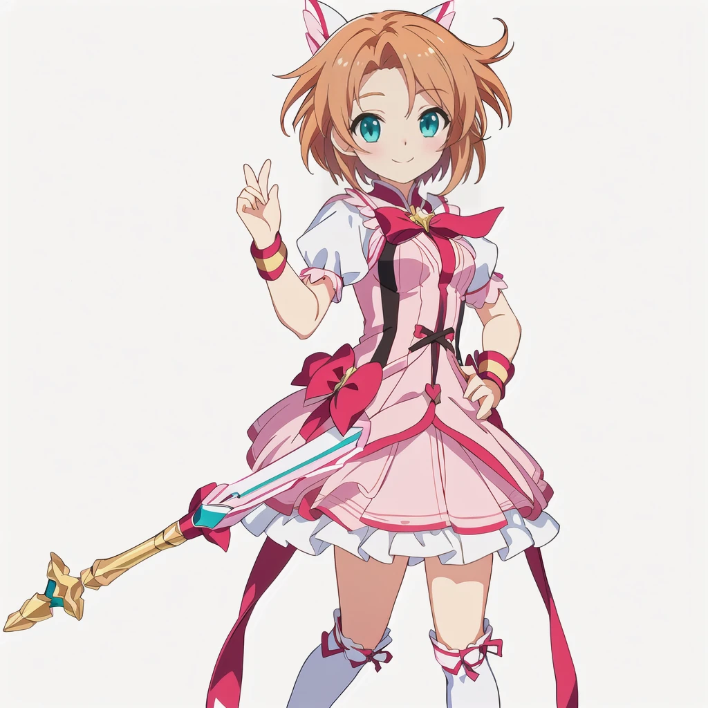 Highest quality, high resolution, High quality anime art style, Official Art, Smooth anime CG art, Stylized anime, Cute 3D anime girl render, Visual Novel Sprites, White background, whole body, Anime-style 3D, Smooth anime CG art, Humanoid Girl, JRPG Characters, Magical Girl Style, Anime girl in a pink dress with a red ribbon, Chestnut Hair, Aqua Eyes, short hair, smile, He holds a magic wand in his right hand , Small Bust, Small breasts, 13 years old