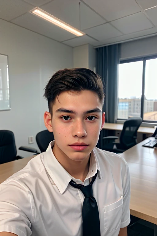 Create an image of an 18-year-old boy for a LinkedIn profile. He should be dressed in business casual attire, such as a collared shirt, and should have a friendly, confident expression. The background should be simple and professional, like an office setting or a plain, neutral color, ensuring that the focus remains on the subject. The lighting should be bright and even to highlight his features clearly.