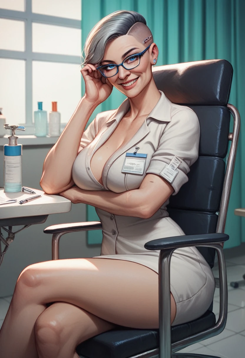 Illustration, detailed illustration, ultra-detailed, 68 year old woman, gray buzz cut, thinning hair, blue eyes, glasses, wrinkles, sitting in chair, hospital, iv in arm, horny smile