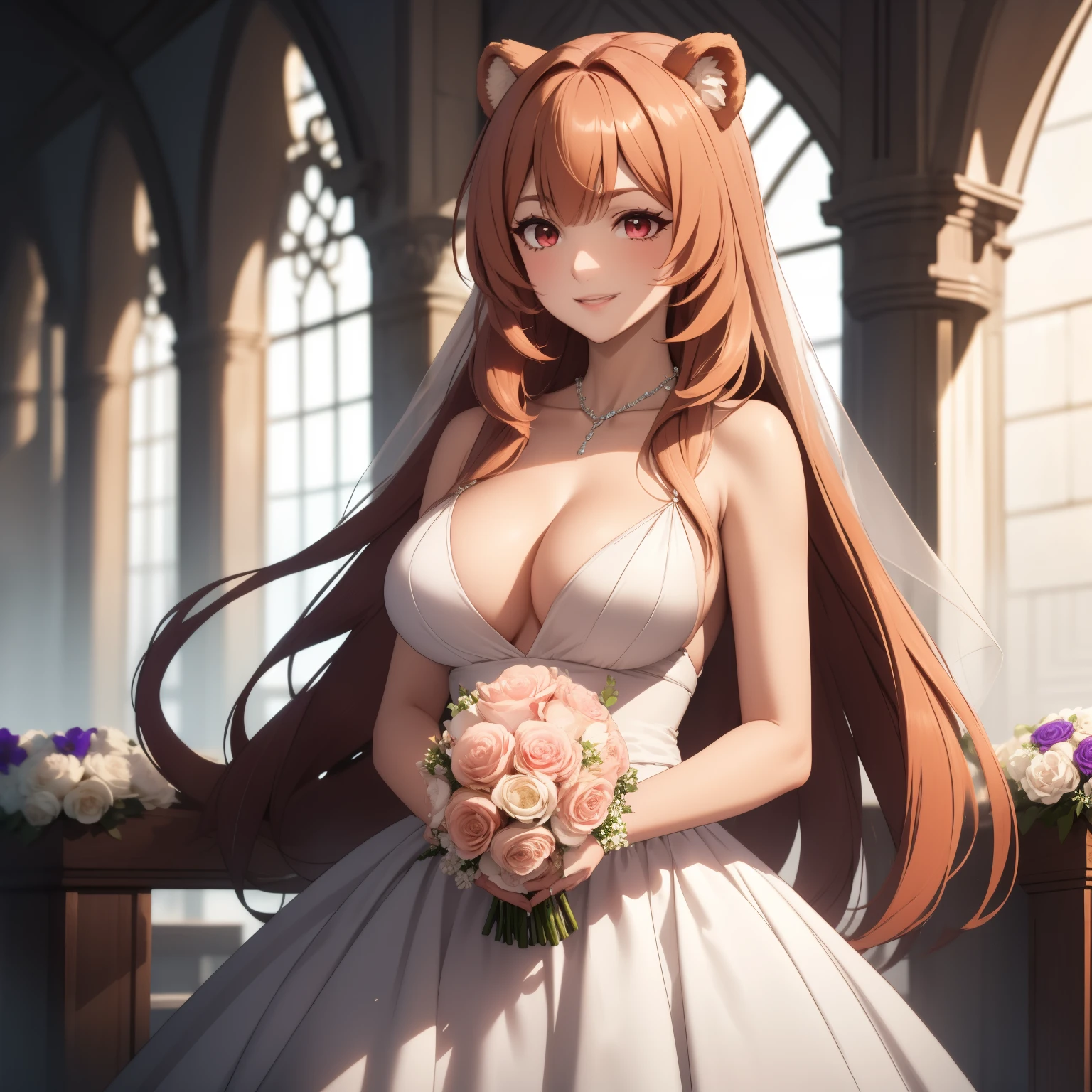 Raphtalia woman 35 years old floating straight orange hair , rounded bear ears, red eyes like ruby., flirtatious smile, pale skin, big breasts, usa un wedding dress hermoso, and elegant, with neckline. wedding dress,  background a marriage altar, flower petals falling. bouquet of flowers in her hands.