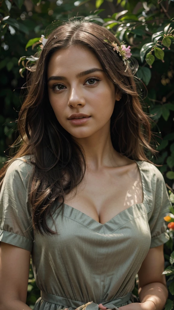 a beautiful woman, detailed face, beautiful detailed eyes, beautiful detailed lips, extremely detailed face and eyes, longeyelashes, 1 girl, elegant dress, flowing hair, serene expression, beautiful garden, lush foliage, colorful flowers, warm sunlight, golden hour lighting, cinematic composition, dramatic lighting, vibrant colors, photorealistic, highly detailed, (best quality,4k,8k,highres,masterpiece:1.2),ultra-detailed,(realistic,photorealistic,photo-realistic:1.37),HDR,UHD,studio lighting,ultra-fine painting,sharp focus,physically-based rendering,extreme detail description,professional,vivid colors,bokeh,portrait