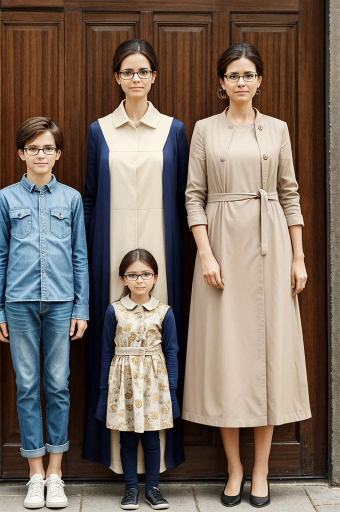 Create a woman with her 2 children, the oldest taller than the woman and the youngest the same size as the woman, and all 3 with glasses., that only those 3 people appear in the image
