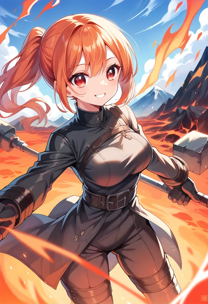 detailed illustration, dynamic angle, ultra-detailed, illustration, 1girl, fire red hair, red orange hair, smith hammer, anvil, lava, mountain, forge, smiling, red eyes, firey eyes, leather clothes, , medium breasts