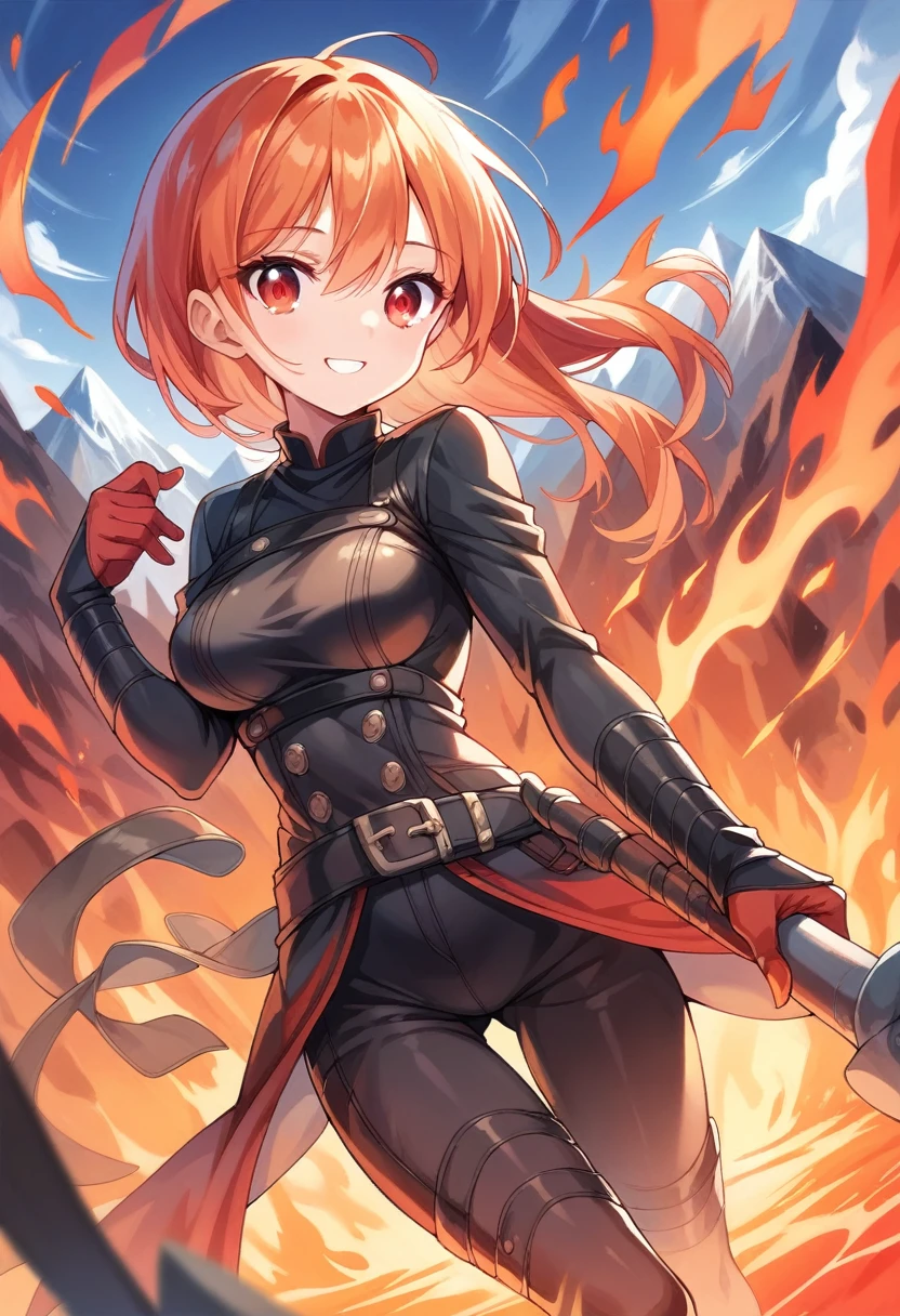 detailed illustration, dynamic angle, ultra-detailed, illustration, 1girl, fire red hair, red orange hair, smith hammer, anvil, lava, mountain, forge, smiling, red eyes, firey eyes, leather clothes, , medium breasts