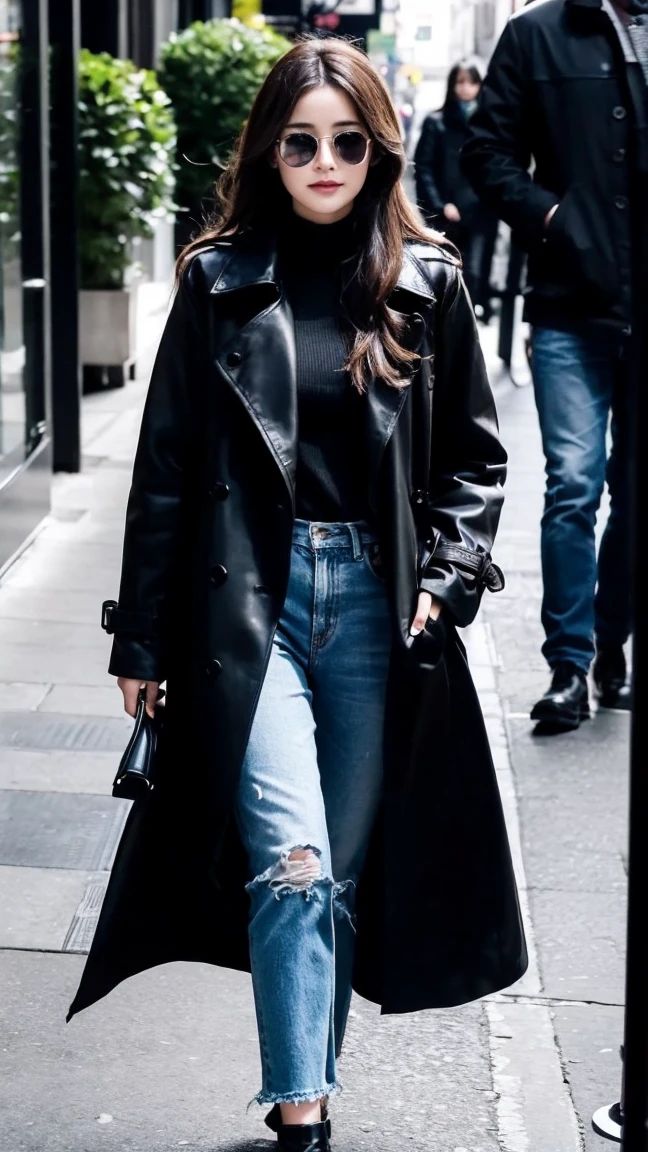 a woman in a black coat and jeans is standing, he is wearing a black trenchcoat, trench coat with many pockets, wearing a long coat, he is wearing a trenchcoat, long coat, wearing a trenchcoat, wearing a duster coat, trench coat, woman is in a trenchcoat, wearing long black winter coat, wearing black overcoat