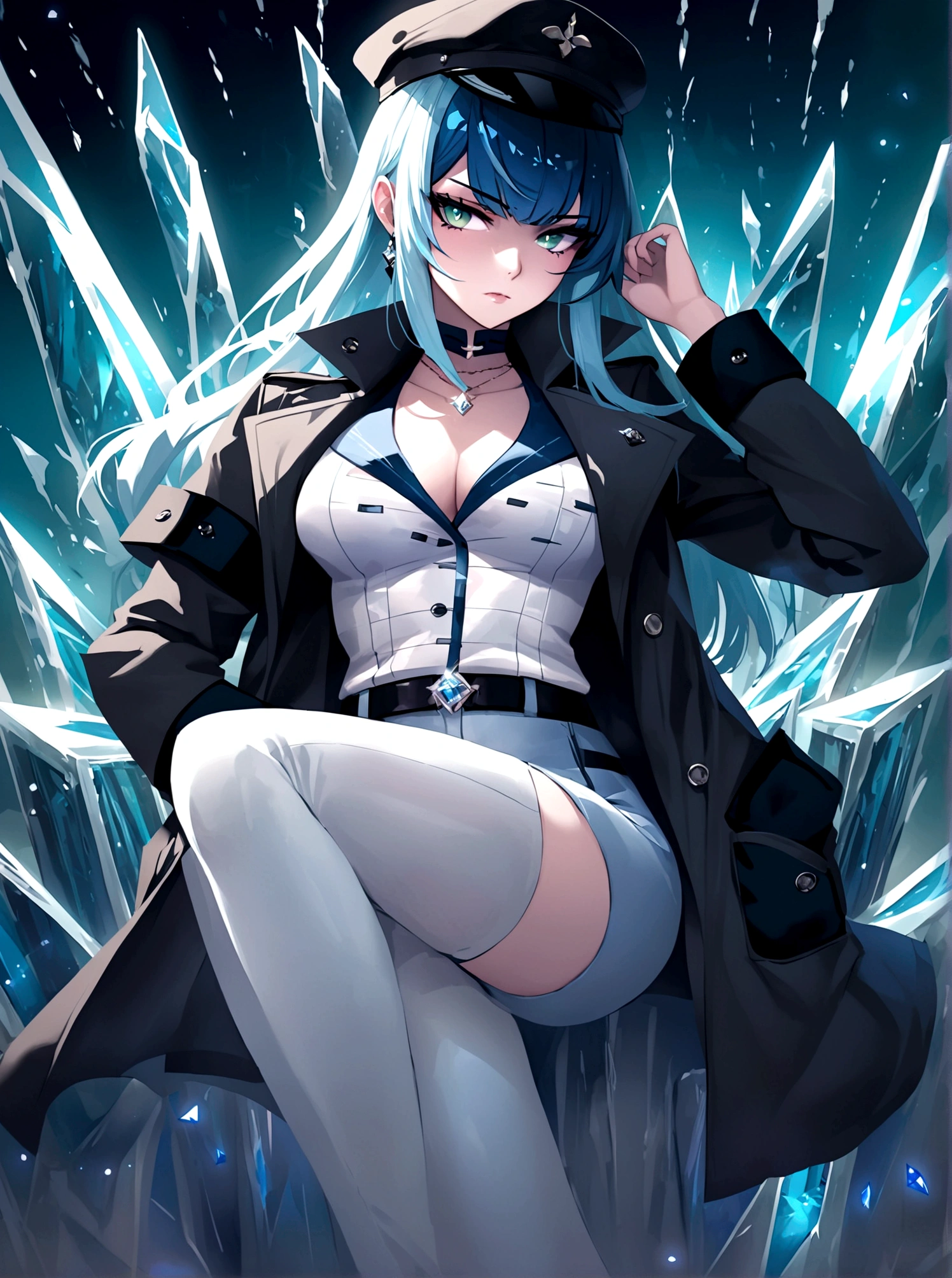 Poker face,Hands in pockets,Exquisite facial features,Blue Hair,Green Eyes,Young women,Black trench coat