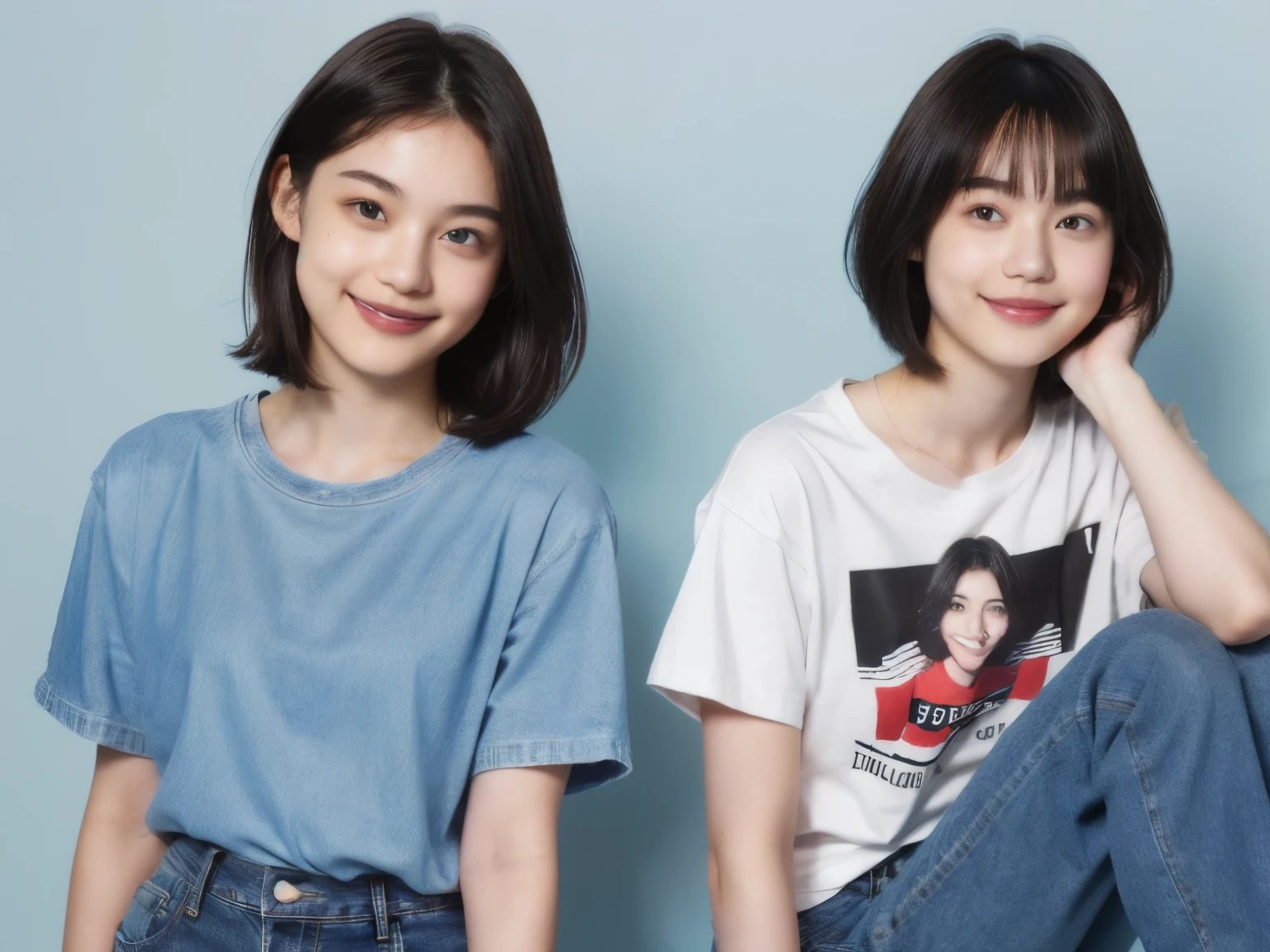 249 (An 18-year-old female and an 18-year-old male), (short hair),kind, lipstick, (Jeans andＴshirt), smile