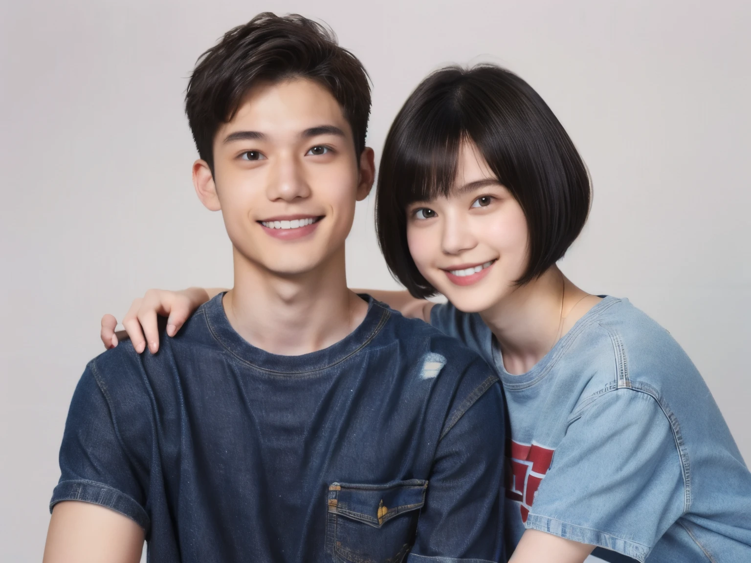 249 (An 18-year-old female and an 18-year-old male), (short hair),kind, lipstick, (Jeans andTshirt), smile