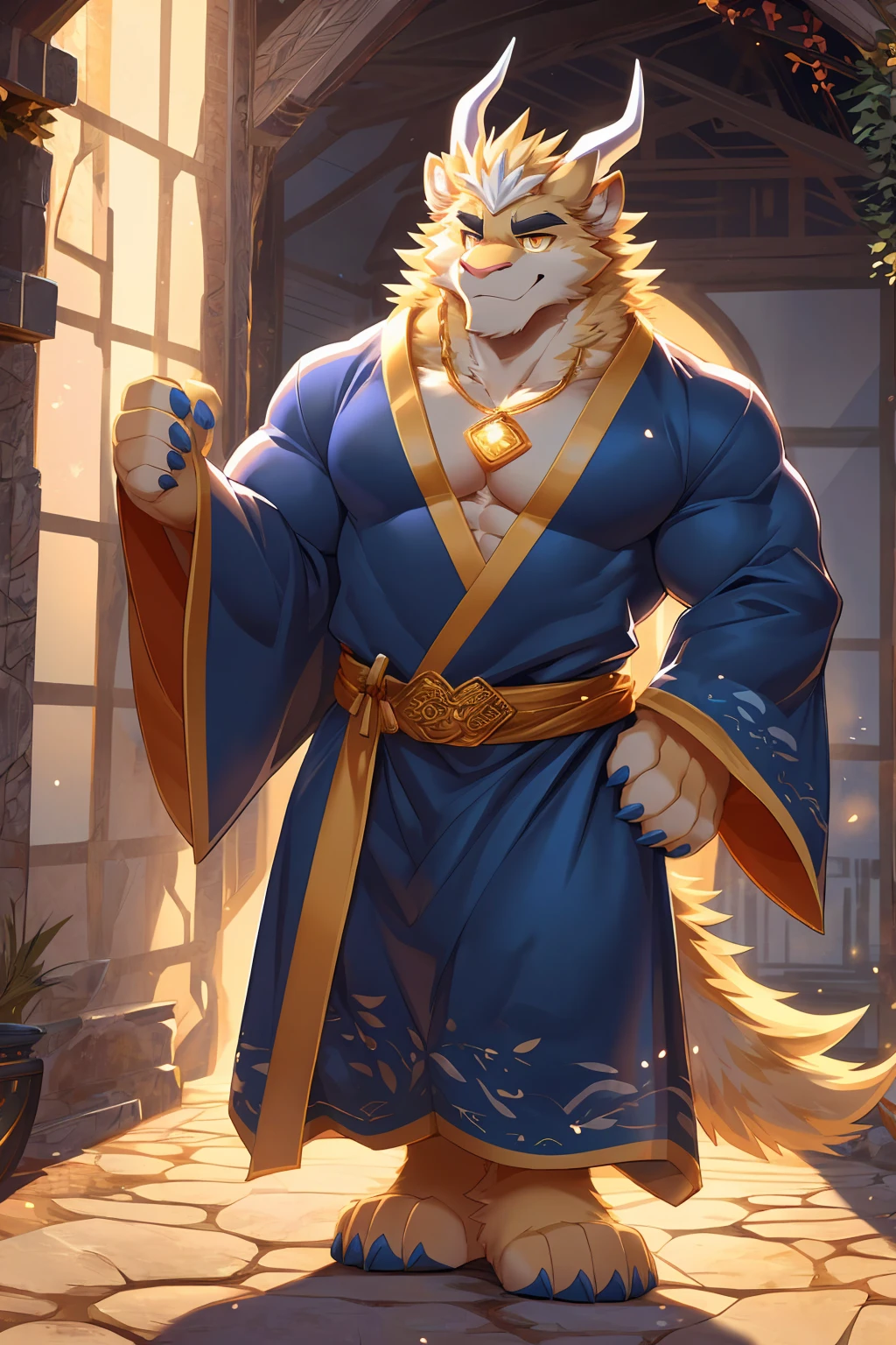 (sfw:1.5), male focus, Handsome 1boy, solitary, single,protrait photo, (Light gold thick eyebrows:1.3), (Dark blue nails, Dark blue claws:1.3), Light golden skin, Light blond hair, (Pale golden tail:1.4), (perfect golden eyes:1.4), (Pale golden ears, Light golden body:1.3), (White horn, White curved corner:1.4), (White short hair:1.2),
Kirin, feet, kirin, kirin boy, kirin body, (large eyes:1.4), (Kirin尾巴:1.4), (Chubby, The body is huge, Larger face:1.4), (Human feet:1.3), (Four toes:1.4), (Bare neck:1.4),
(Hanfu:1.5), (Loose robes:1.4), (Dark blue robe, Dark blue robe, Short-sleeved robe, Short-sleeved robe:1.3), (Gold strap:1.3), (A golden jade pendant hangs around the waist:1.3), (Golden robe texture:1.3), (sparkling, Golden:1.2),
(full body:1.3), (Mature men:1.4), (Strong body, muscle,Strong male, muscle男:1.3), (Chest muscles:1.3), (Thick arms, Strong and strong legs, Strong legs:1.3), (look up, Standing:1.3), (Looking at the audience, Focus, Eyes gaze:1.2), (Smile:1.3),
full background, (ground, Blue sky, White Cloud, daytime:1.2), Mountain, Ancient buildings,
Mysterious and romantic atmosphere, Caustic lines(refraction, polarization)Perfect anatomical structure, absurd, Detailed background, (Delicate eyes:1.3),Printing style。((artist:Takemoto Arashi))