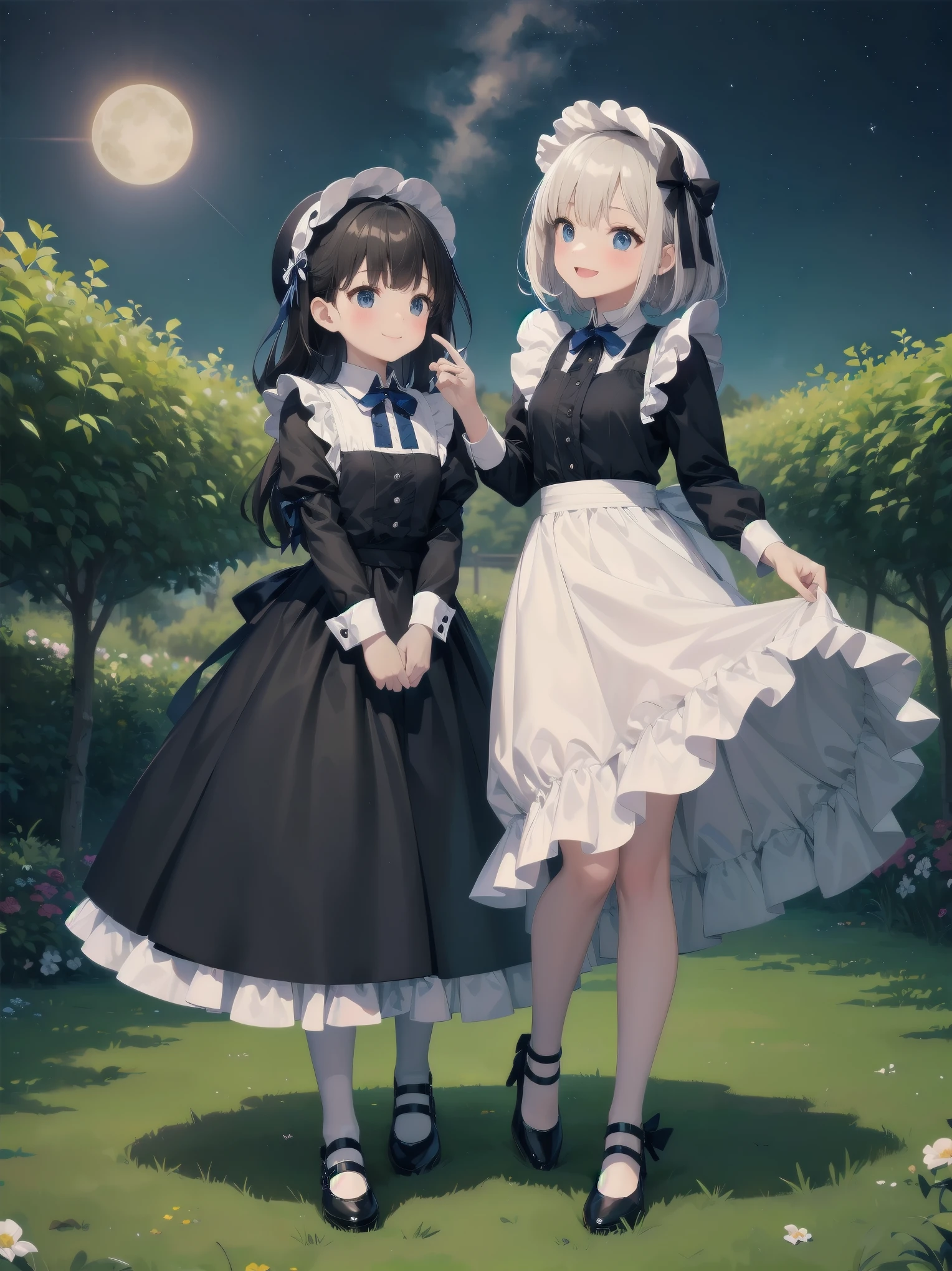 A serene outdoor scene unfolds at dusk, with a brilliant blue sky transitioning into a canvas of twinkling stars. A beautiful young girl, dressed in a stunning white and black gothic maid dress adorned with a navy blue ribbon, stands amidst lush green grass. Her companion, a delightful toddler, dons a charming maid hat with ruby accessories, complemented by black stockings and shoes. The little one beams with joy, smiling brightly as they gaze up at the celestial display together