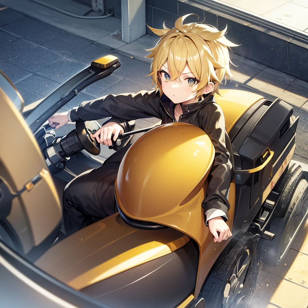 make an anime style drawing with the vocaloid Kagamine Len male version driving behind the wheel of his steamroller, looking straight ahead, panoramic front shot showing the driver&#39;s seat and the empty passenger seat 
