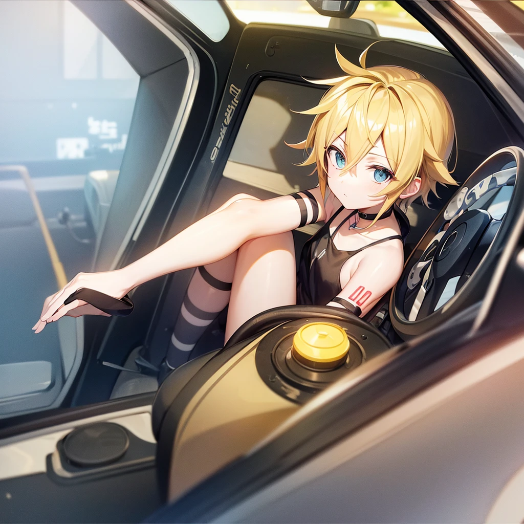 make an anime style drawing with the vocaloid Kagamine Len male version driving behind the wheel of his steamroller, looking straight ahead, panoramic front shot showing the driver's seat and the empty passenger seat