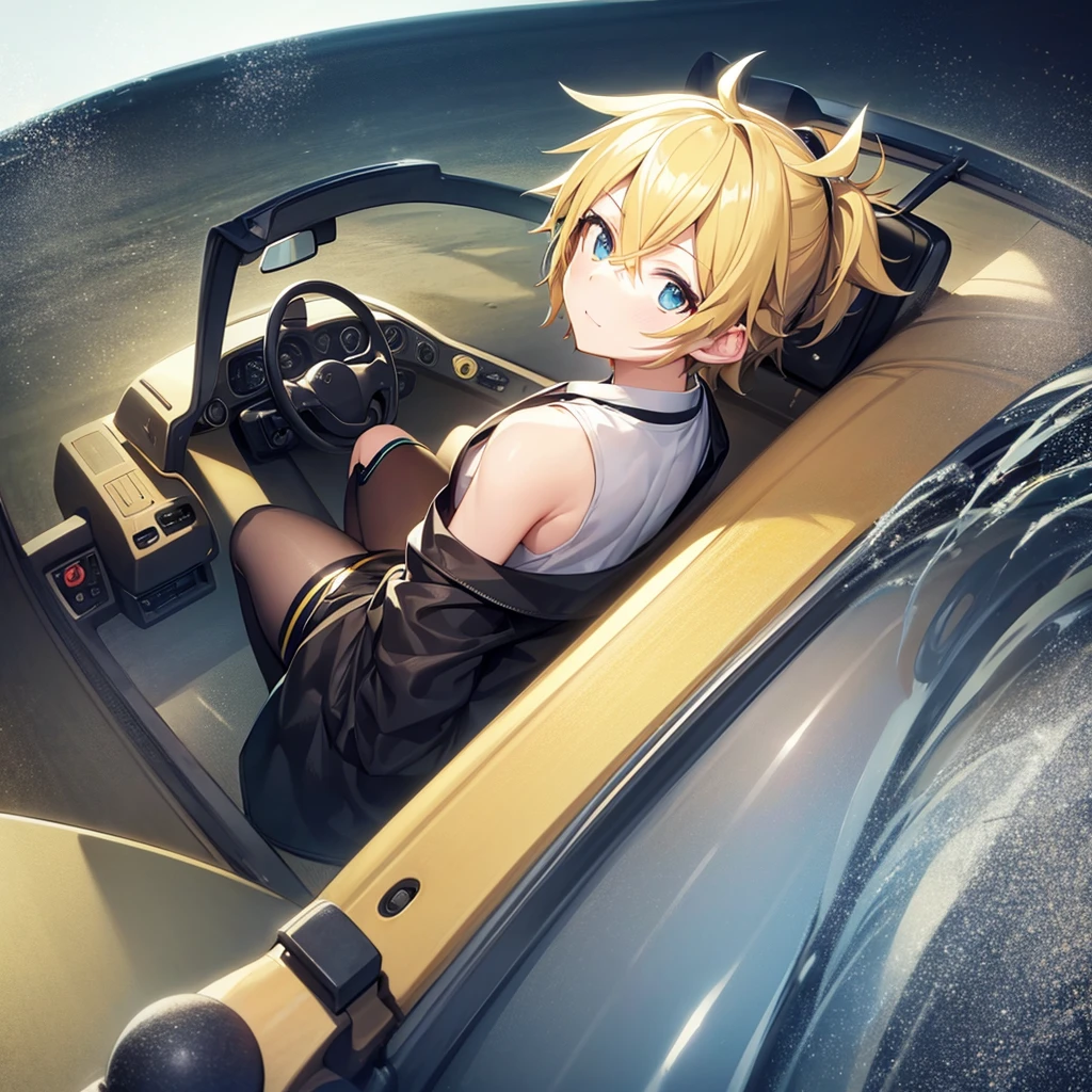 make an anime style drawing with the vocaloid Kagamine Len male version driving behind the wheel of his steamroller, looking straight ahead, panoramic front shot showing the driver's seat and the empty passenger seat