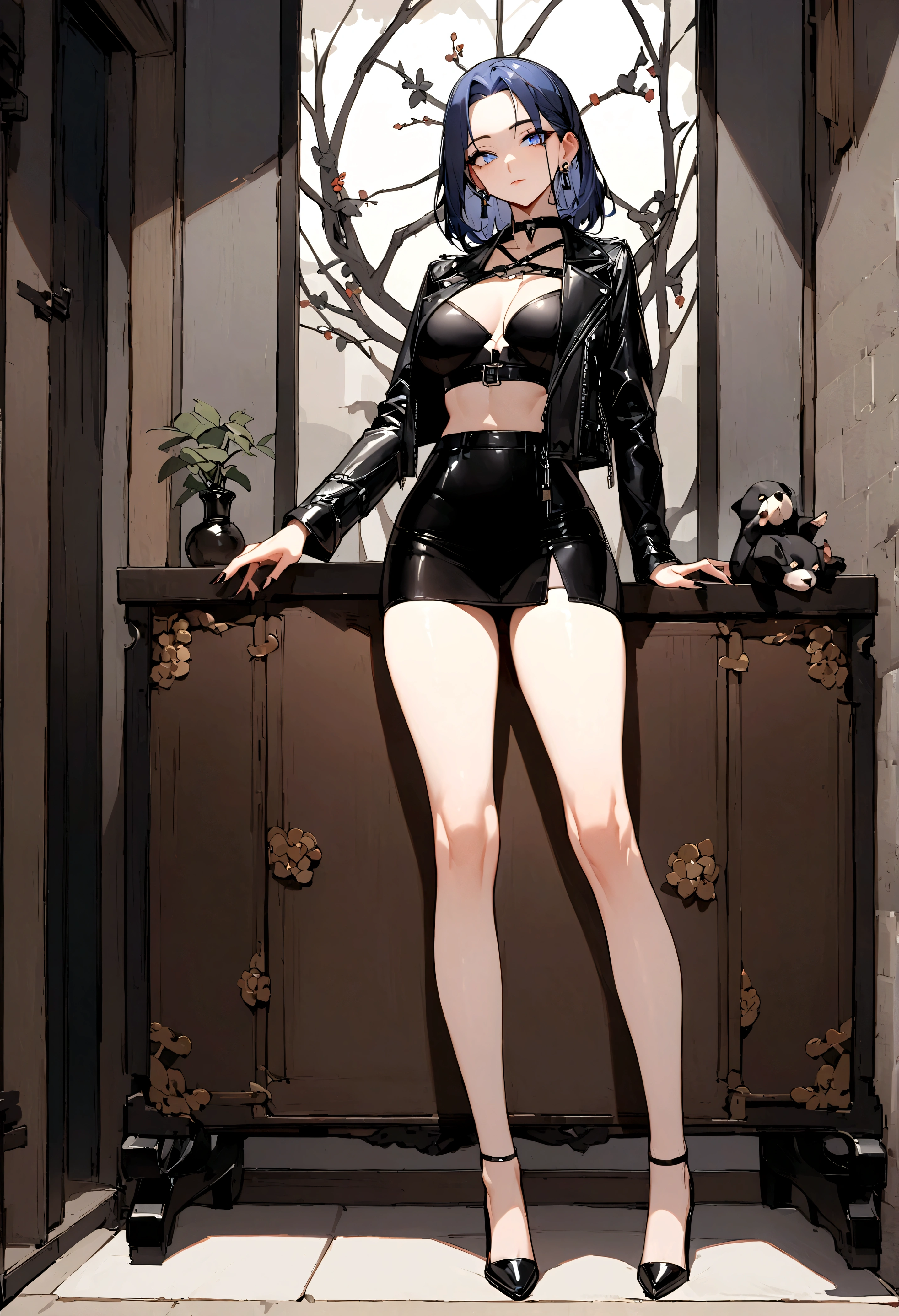 masterpiece, 最好of质量, 聪明of, 强of, of, 有着长长of卷曲金发of美丽女人, blue eyes, Black mini skirt, High heel, leather jacket