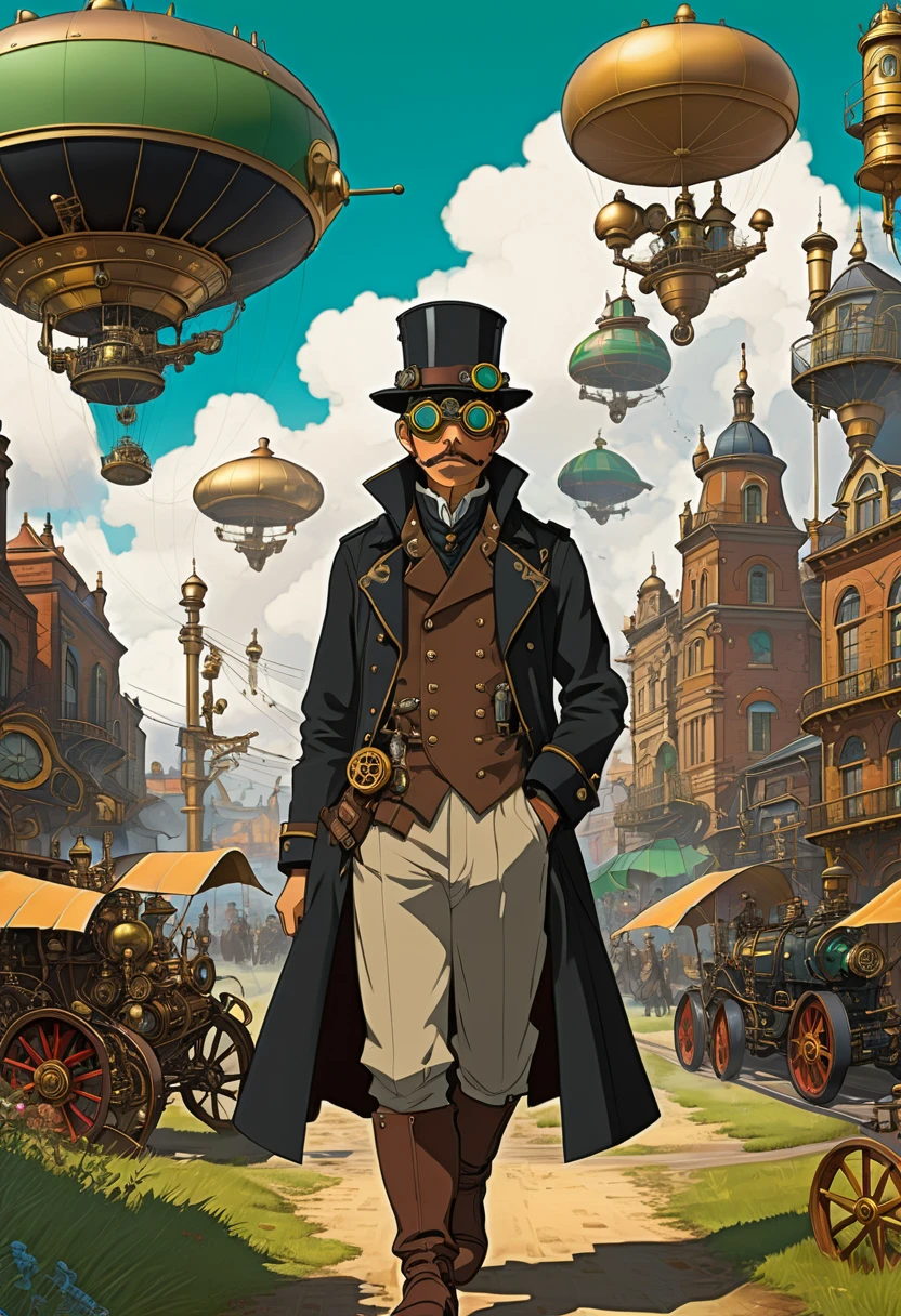 A steampunk-inspired illustration inspired by the works of Hayao Miyazaki, featuring an adventurer in a black trench coat exploring a fantastical landscape. The coat is adorned with brass buttons and gears, and the character wears goggles atop a wide-brimmed hat. The background is filled with whimsical, steam-powered contraptions, floating airships, and a vibrant, bustling cityscape. The color palette is warm and inviting, with rich browns, golds, and greens. Intricate details, vibrant colors, steampunk elements, whimsical atmosphere.