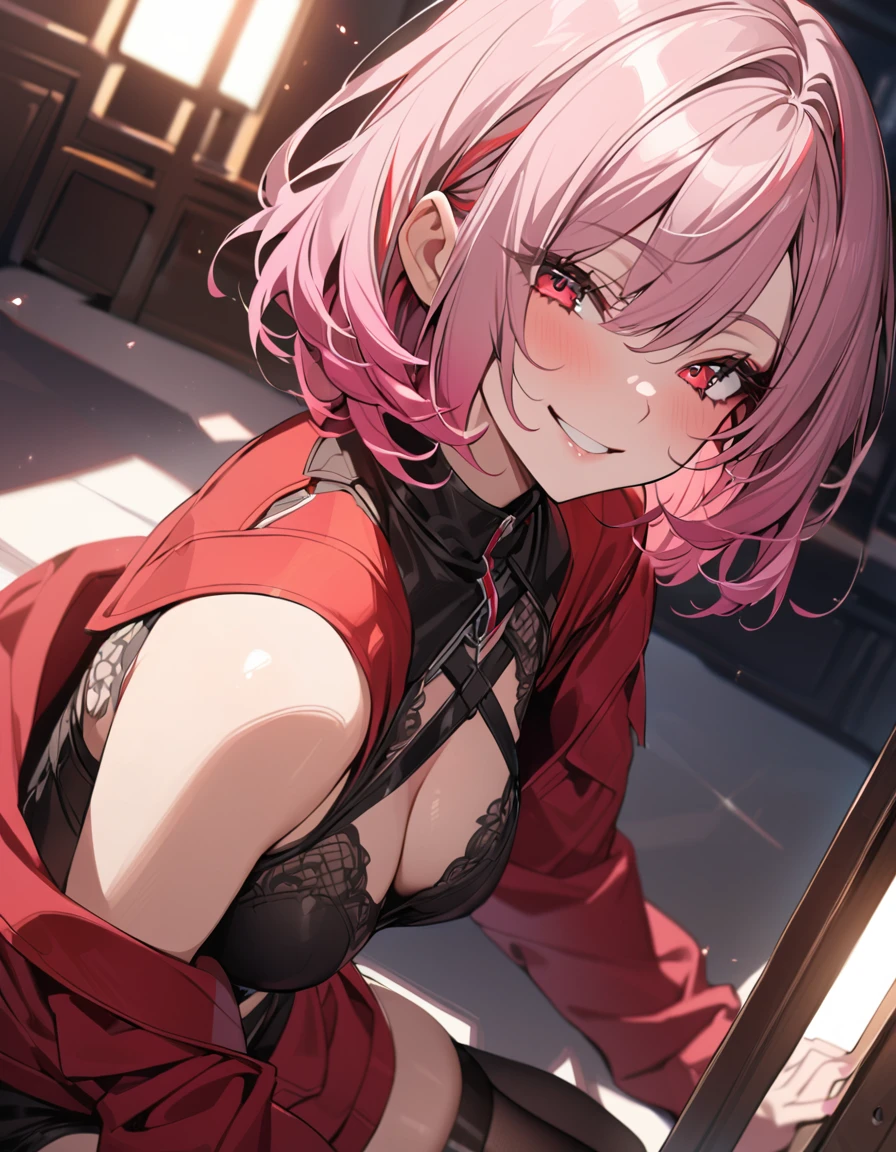 a handsome girl, solo, raspberry pink hair, 
[(gradation hair from white to red:1.4):0.4], medium hair, (white inner hair:0.8), 
red eyes, bright eyes,
(black and red jacket:1.4), high neck sleeveless, black shorts, garter rings, black tights, naughty smile, perfect lighting, best angle, masterpiece, best quality, extremely detailed face, extremely detailed,