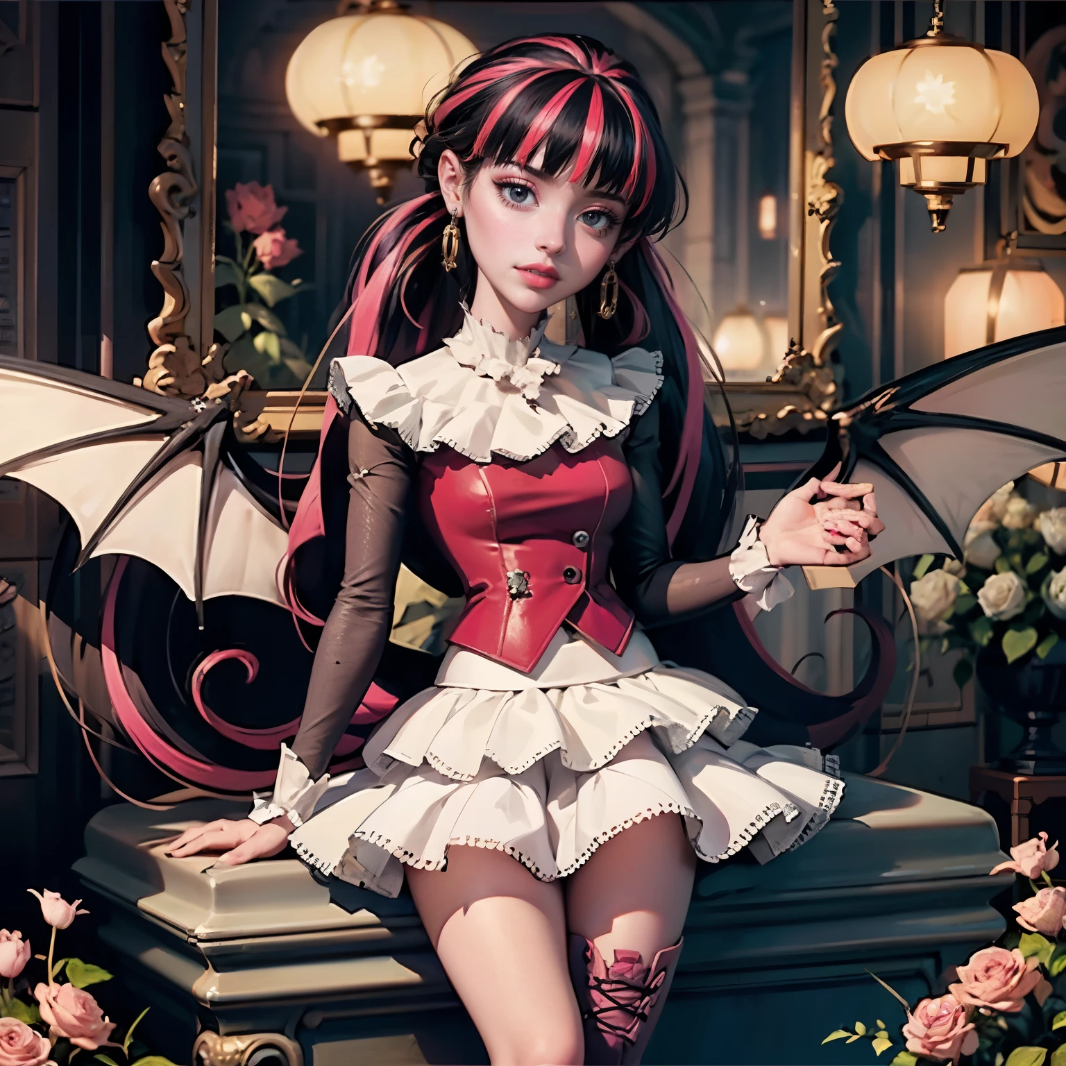 ((high quality)), ((Work of art)), (more detail), 1girl, succubus, centered, a girl with a bat wings, award winning upper body portrait, solo, alone, cowboy shot, Draculaura_MH, solo, black half hair, pink half hair, multicolored hair, long hair, wave hair, braided hair, chinese hairpin, white shirt, white skirt, pink knee boots, smiling, gothic style, cemetery scenery, gold lanterns, white roses, depth of field, cinematic composition, half black hair, half soft pink hair, wave hair, seat close to a coffin, solo, alone, only one girl, white roses, smile, vampire fangs, gothic dress, bat wings, white dress, white dress with transparency, pink laces, white gloves, white high socks, pink high hills boots, bat jewelry, jewelry, grass, white roses on focus, Draculaura_(monster high), Monster High, looking at the viewer, solo, alone, only one girl, more details on the clothes, petals in the air, two arms, two legs, two hands, five fingers