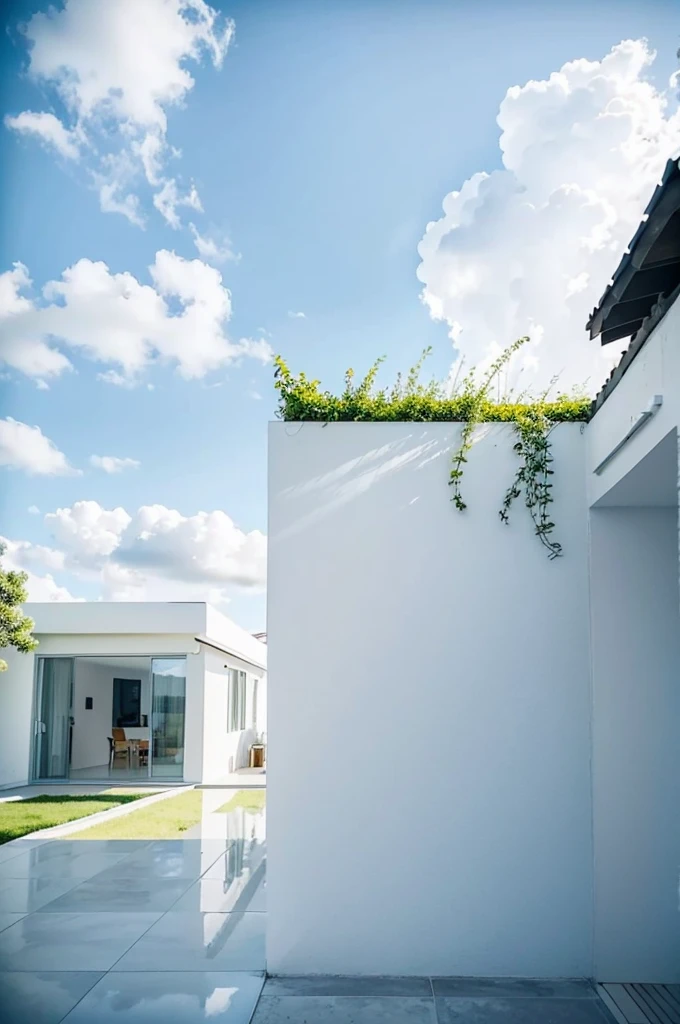 In the foreground is an open space with tiles,There is a house in the background,Nordic style,minimalist design,There is sky,Blue sky and white clouds,Bright morning sunshine,There are some flowers and plants around the house,The overall feeling is clean and pleasant,Realistic landscape photography style,8k quality,