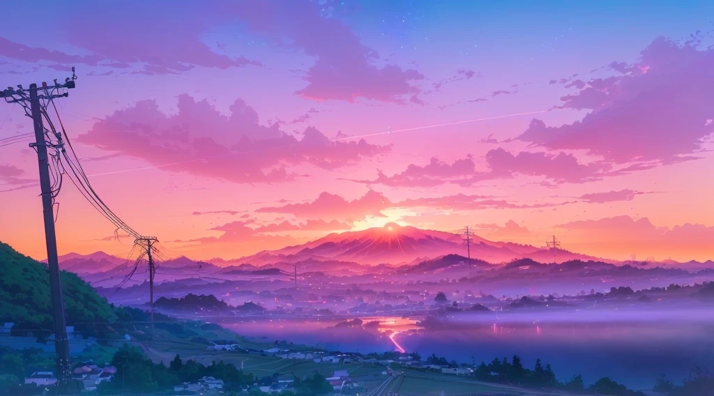 anime landscape with a sunset and a power line, anime landscape wallpaper, anime landscape, anime art wallpaper 4k, anime art wallpaper 4 k, anime art wallpaper 8 k, beautiful anime scenery, beautiful anime scene, anime beautiful peace scene, anime countryside landscape, beautiful art uhd 4 k, anime background art, anime scenery, colorful sky, birds flying, lagoon, anime wallpaper 4 k