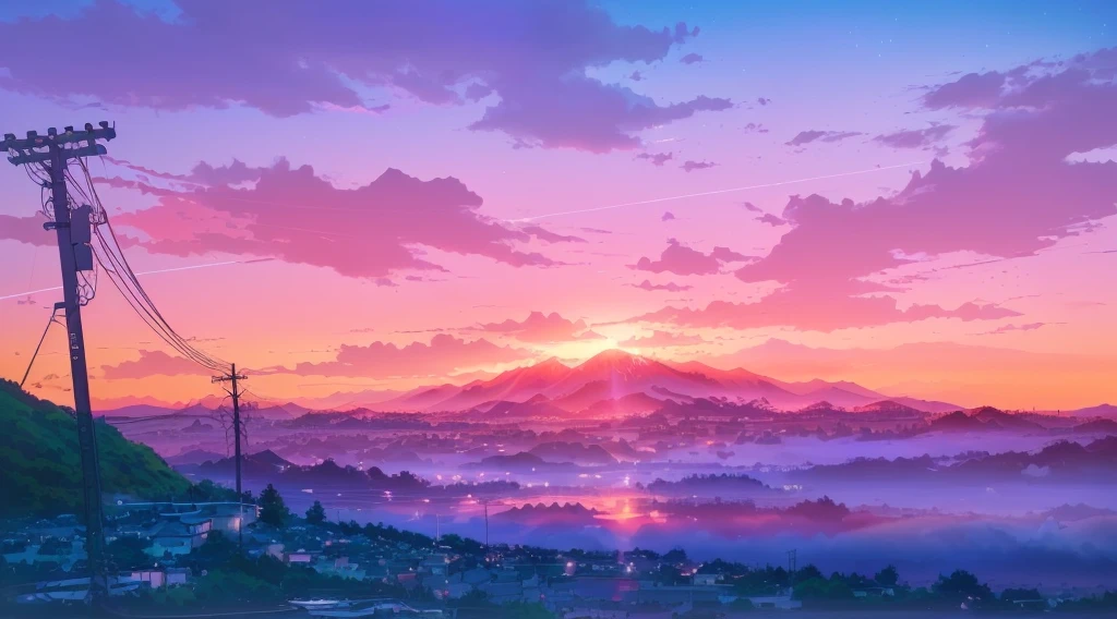 anime landscape with a sunset and a power line, anime landscape wallpaper, anime landscape, anime art wallpaper 4k, anime art wallpaper 4 k, anime art wallpaper 8 k, beautiful anime scenery, beautiful anime scene, anime beautiful peace scene, anime countryside landscape, beautiful art uhd 4 k, anime background art, anime scenery, colorful sky, birds flying, lagoon, anime wallpaper 4 k