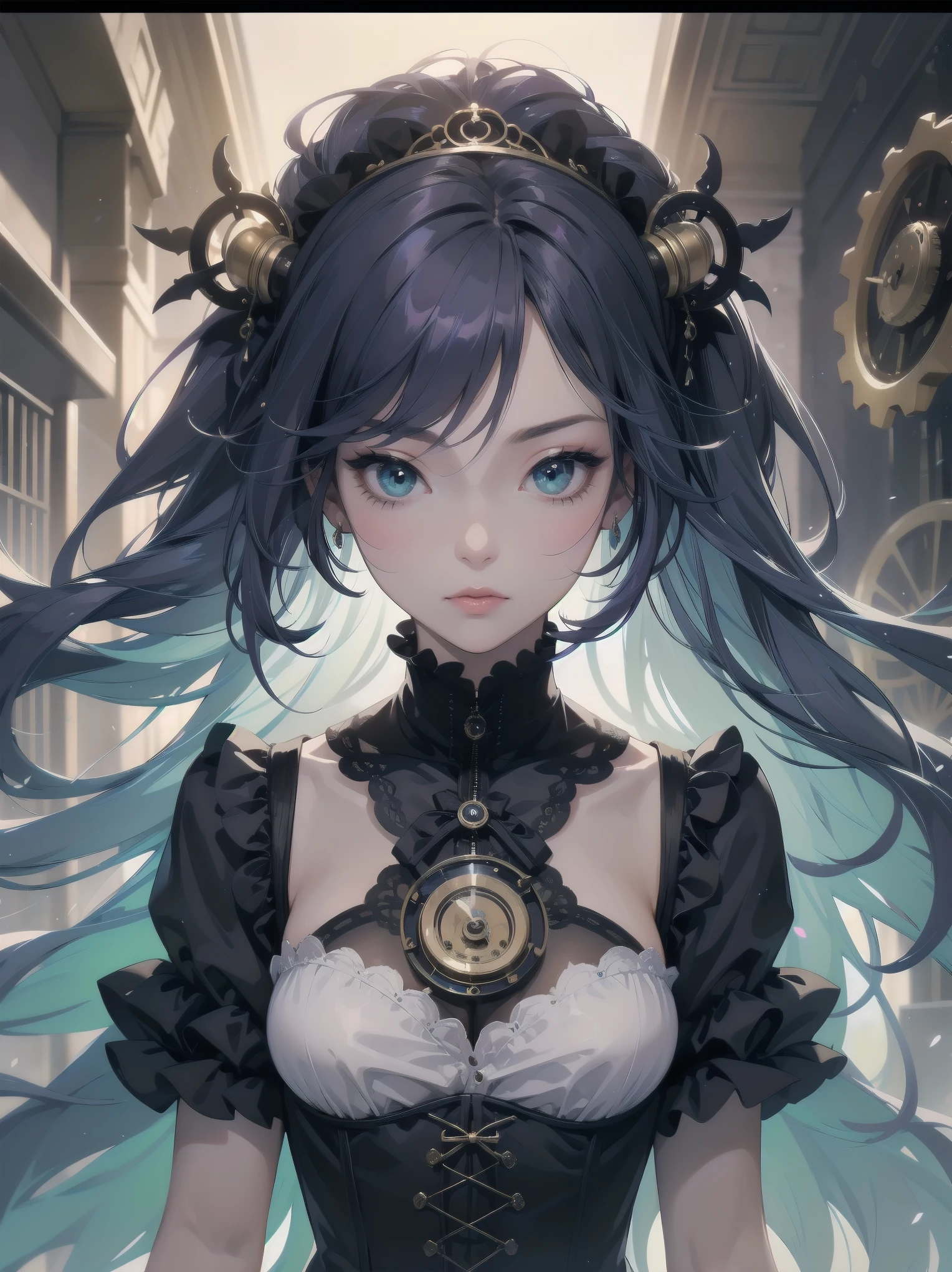 A whimsical Victorian-steampunk fusion portrait featuring Blake Akane Kurokawa as a kawaii protagonist. Set against a muted backdrop, she poses in front of an antique clockwork mechanism, surrounded by intricately crafted gears and cogs. Her dark blue-purple chibi hair falls in soft waves around her face, framing her bright green eyes. A delicate corset adorns her frame, accentuating her waist, while a voluminous skirt flows behind her like a misty veil. Lace, ruffles, and ribbons adorn the hem, adding a touch of femininity to this steampunk-inspired masterpiece.