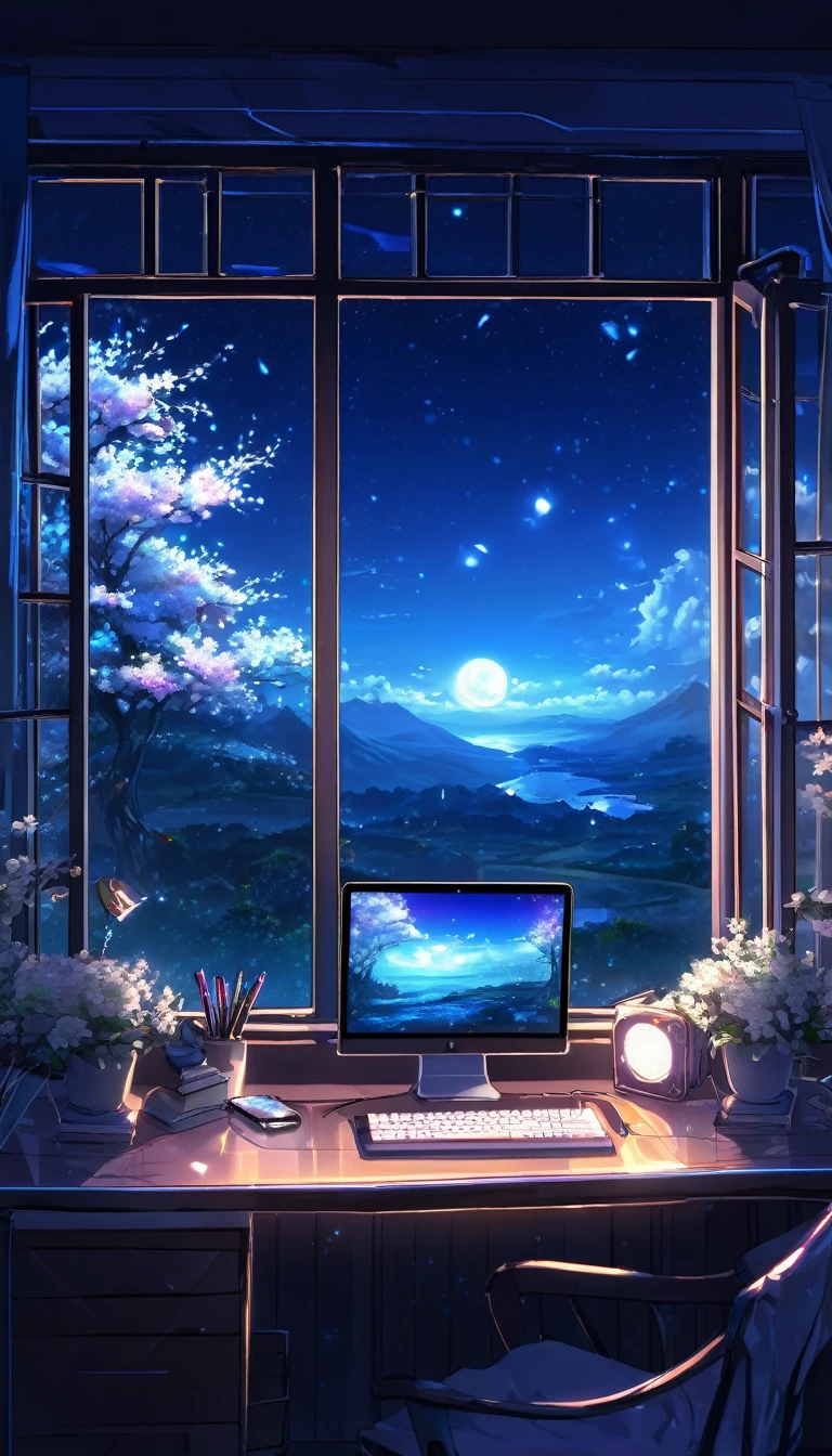 A tranquil scene unfolds in a magical laboratory setting.: A laptop with a glowing screen sits on a desk next to a large window, Showcasing a serene moonlit landscape. Blue neon lights gently illuminate the white flowers next to the tablet and PC monitor.. Vocal mic and headphones、It suggests creativity resonating in the air.. Anime style digital painting, Winner of pixiv contest, Create a cozy atmosphere, Enchanting atmosphere, A work that combines mystical realism with the charm of a fairy tale.、Captivate the audience.