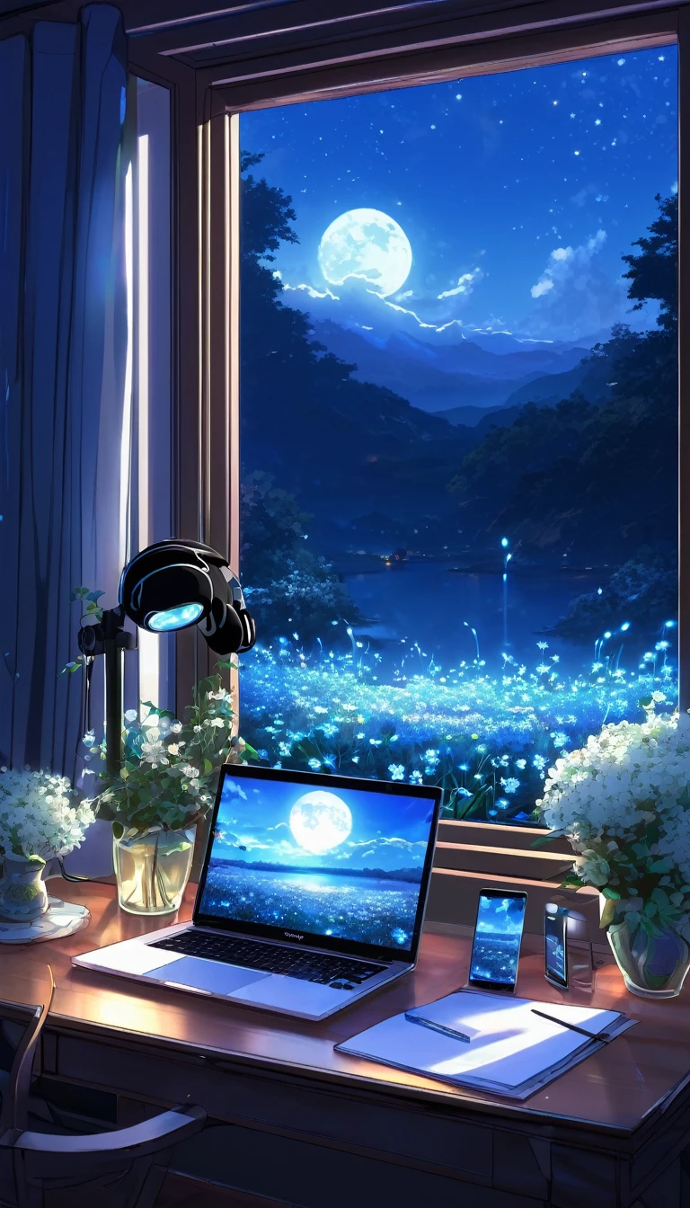 A tranquil scene unfolds in a magical laboratory setting.: A laptop with a glowing screen sits on a desk next to a large window, Showcasing a serene moonlit landscape. Blue neon lights gently illuminate the white flowers next to the tablet and PC monitor.. Vocal mic and headphones、It suggests creativity resonating in the air.. Anime style digital painting, Winner of pixiv contest, Create a cozy atmosphere, Enchanting atmosphere, A work that combines mystical realism with the charm of a fairy tale.、Captivate the audience.