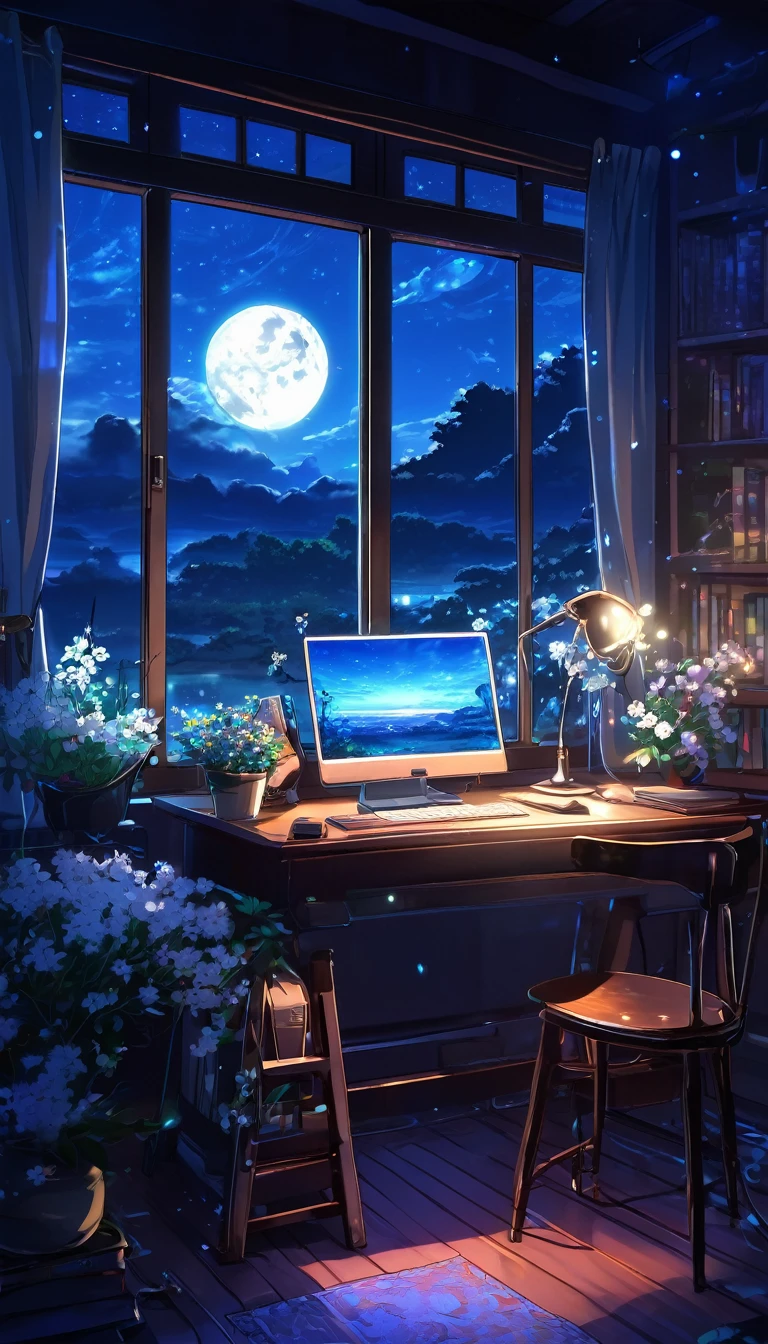 A tranquil scene unfolds in a magical laboratory setting.: A laptop with a glowing screen sits on a desk next to a large window, Showcasing a serene moonlit landscape. Blue neon lights gently illuminate the white flowers next to the tablet and PC monitor.. Vocal mic and headphones、It suggests creativity resonating in the air.. Anime style digital painting, Winner of pixiv contest, Create a cozy atmosphere, Enchanting atmosphere, A work that combines mystical realism with the charm of a fairy tale.、Captivate the audience.