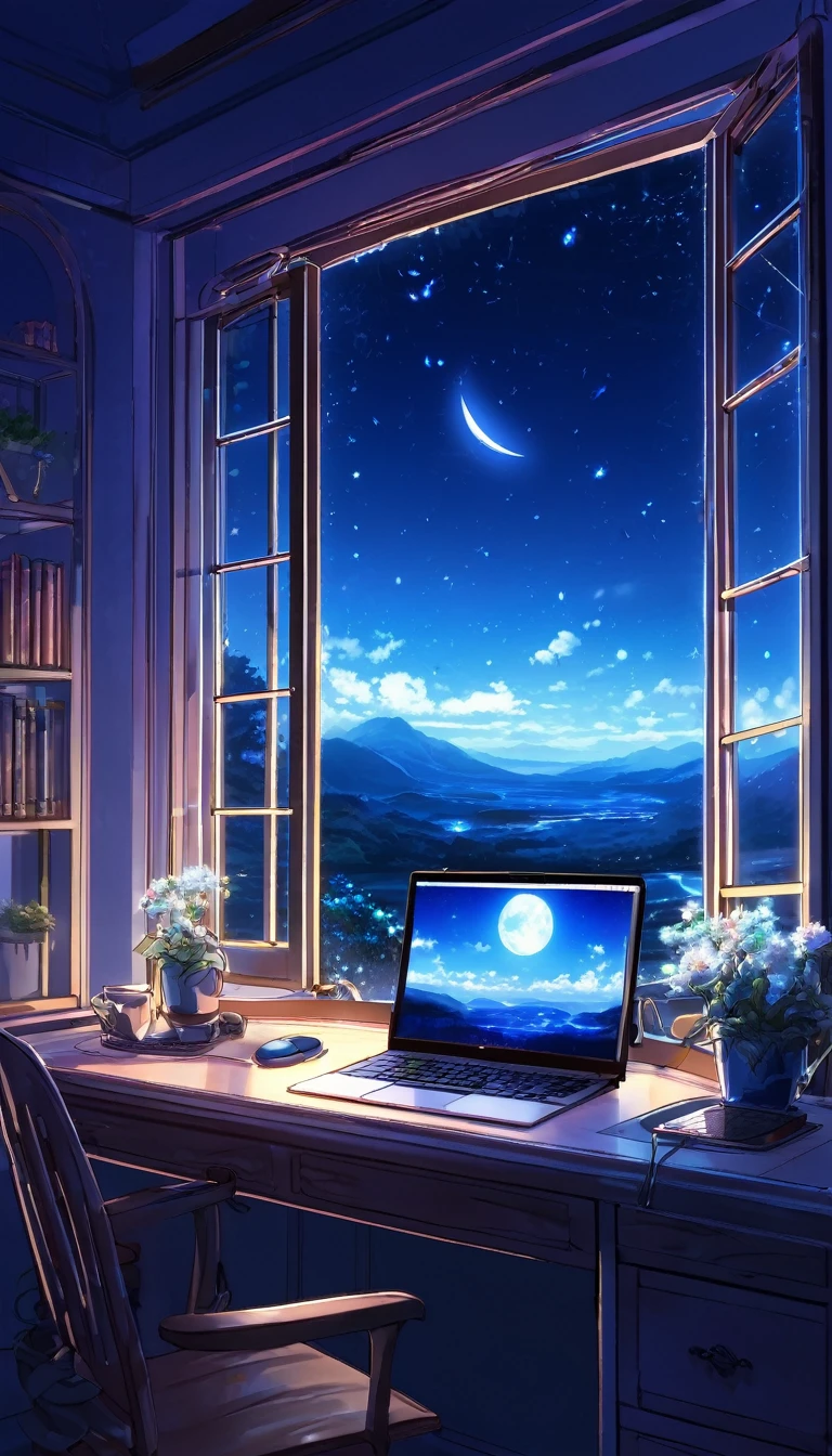 A tranquil scene unfolds in a magical laboratory setting.: A laptop with a glowing screen sits on a desk next to a large window, Showcasing a serene moonlit landscape. Blue neon lights gently illuminate the white flowers next to the tablet and PC monitor.. Vocal mic and headphones、It suggests creativity resonating in the air.. Anime style digital painting, Winner of pixiv contest, Create a cozy atmosphere, Enchanting atmosphere, A work that combines mystical realism with the charm of a fairy tale.、Captivate the audience.