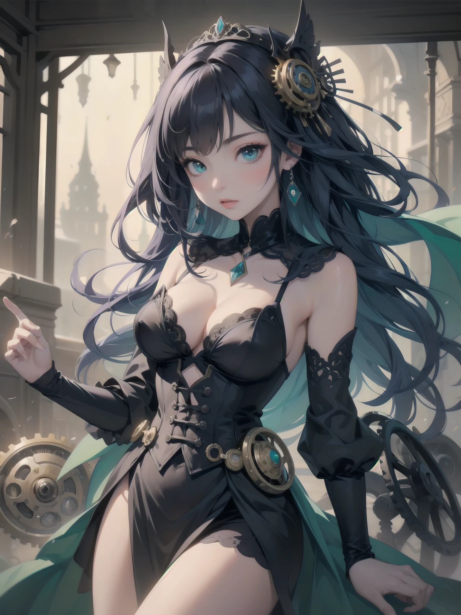 A whimsical Victorian-steampunk fusion portrait featuring Blake Akane Kurokawa as a kawaii protagonist. Set against a muted backdrop, she poses in front of an antique clockwork mechanism, surrounded by intricately crafted gears and cogs. Her dark blue-purple chibi hair falls in soft waves around her face, framing her bright green eyes. A delicate corset adorns her frame, accentuating her waist, while a voluminous skirt flows behind her like a misty veil. Lace, ruffles, and ribbons adorn the hem, adding a touch of femininity to this steampunk-inspired masterpiece.