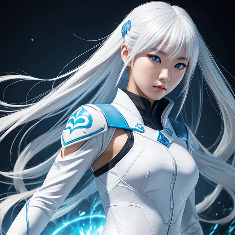 Korean girl, white long hair with bangs, icy blue eyes, white skin, white skimpy ninja suit, video game style, mortal kombat style