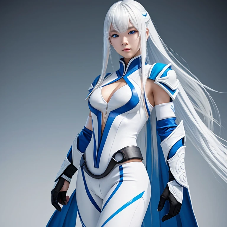 Korean girl, white long hair with bangs, icy blue eyes, white skin, white skimpy ninja suit, video game style, mortal kombat style