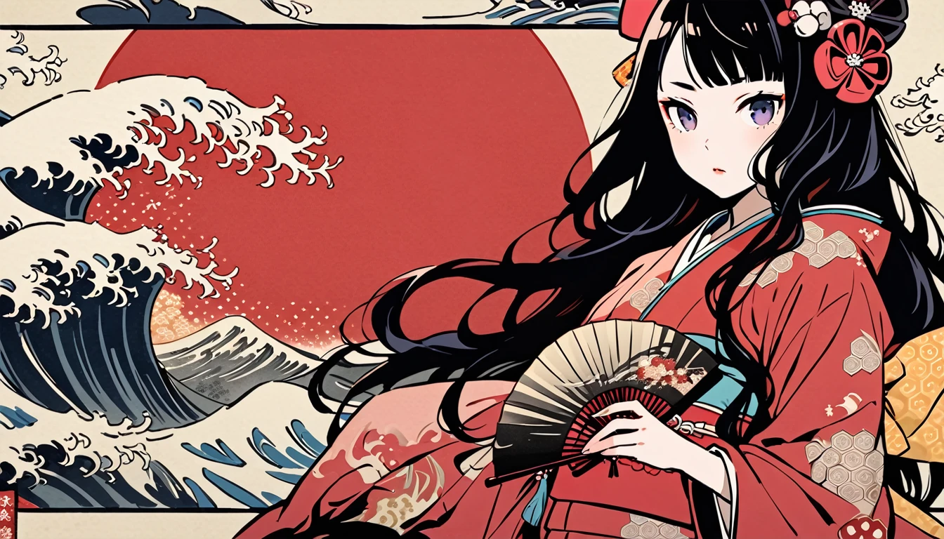 Highest quality, Katsushika Hokusai, Ink Painting, (((longhair))), (((Pale red kimono))), (((fan))), Patterned headphones, Red spider lily, beautiful girl, Black Hair, Delicate and precise, Modern ukiyo-e style,