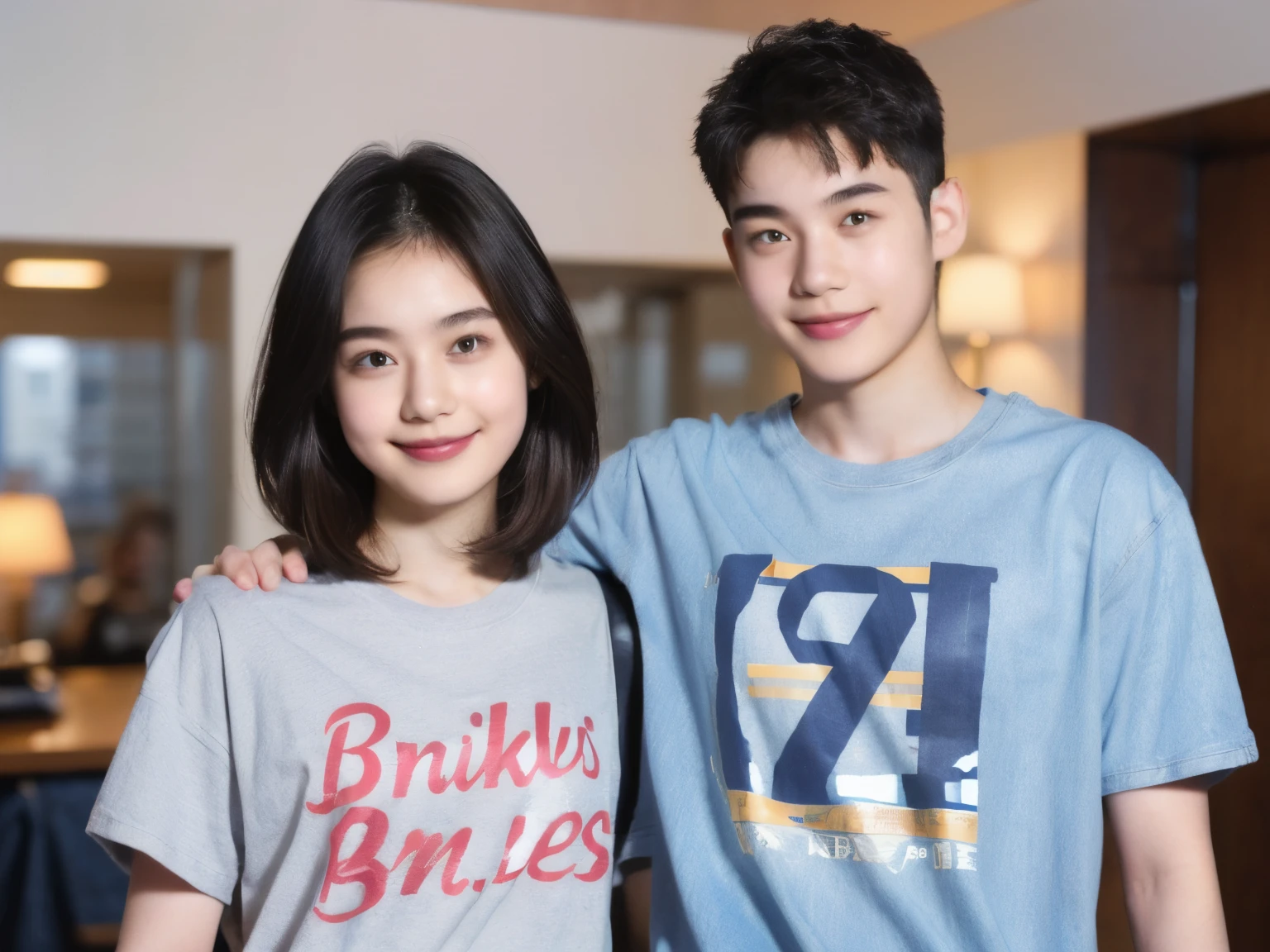 249 (An 18-year-old female and an 18-year-old male), (short hair),kind, lipstick, (Jeans andTshirt), smile