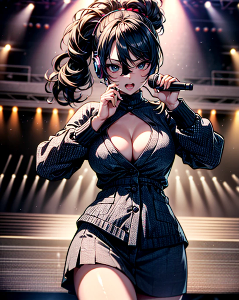 (Anime style:1.3), (Realistic, Photorealistic: 1.37), (Masterpiece, Best Quality: 1.37), (Ultra High Resolution: 1.2), (RAW Photo: 1.2), (Sharp Focus: 1.3), (Face Focus: 1.2), (Ultra Detailed CG Unified 8k Wallpaper: 1.2), (Beautiful Skin: 1.2), (pale Skin: 1.3), (Hyper Sharp Focus: 1.5), (Ultra Sharp Focus: 1.5), ( Beautiful pretty face: 1.3), (Japanese actress face:1.3), (super detailed background, detail background: 1.3), masterpiece, best quality, high res, ultra detailed, hyper sharp, absurdres, detailed face, white skin, real human skin, (detailed face), oval face, pores, from below, low angle, looking down the viewer, ultra high res, (8k, RAW photo, photorealistic:1.4), BREAK, 1girl, slim, (large-:1.37, cleavaustration of a scene in which an idol singer is singing enthusiastically on a live stage.
The idol singer is standing in the center of the stage.
The idol singer is wearing a mini-skirt and boots.
The idol singer has her hair up and is wearing a headset.
The idol singer is holding a microphone and singing.
The idol singer's expression is serious and powerful.
The singer's voice is strong and beautiful.
Fans are gathered around the stage.
Fans are singing and dancing along with the idol singers.
The venue is filled with excitement.
This illustration shows the passionate live performance of an idol singer. Fans are fascinated by the idol singer's voice and performance. The venue is filled with excitement and the idol singer's live performance is a success. Hatsune Miku,