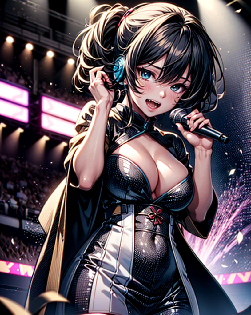 (Anime style:1.3), (Realistic, Photorealistic: 1.37), (Masterpiece, Best Quality: 1.37), (Ultra High Resolution: 1.2), (RAW Photo: 1.2), (Sharp Focus: 1.3), (Face Focus: 1.2), (Ultra Detailed CG Unified 8k Wallpaper: 1.2), (Beautiful Skin: 1.2), (pale Skin: 1.3), (Hyper Sharp Focus: 1.5), (Ultra Sharp Focus: 1.5), ( Beautiful pretty face: 1.3), (Japanese actress face:1.3), (super detailed background, detail background: 1.3), masterpiece, best quality, high res, ultra detailed, hyper sharp, absurdres, detailed face, white skin, real human skin, (detailed face), oval face, pores, from below, low angle, looking down the viewer, ultra high res, (8k, RAW photo, photorealistic:1.4), BREAK, 1girl, slim, (large-:1.37, ), Illustration of a scene in which an idol singer is singing enthusiastically on a live stage.

The idol singer is standing in the center of the stage.
The idol singer is wearing a  and boots.
The idol singer has her hair up and is wearing a headset.
The idol singer is holding a microphone and singing.
The idol singer's expression is serious and powerful.
The singer's voice is strong and beautiful.
Fans are gathered around the stage.
Fans are singing and dancing along with the idol singers.
The venue is filled with excitement.
This illustration shows the passionate live performance of an idol singer. Fans are fascinated by the idol singer's voice and performance. The venue is filled with excitement and the idol singer's live performance is a success. Hatsune Miku,