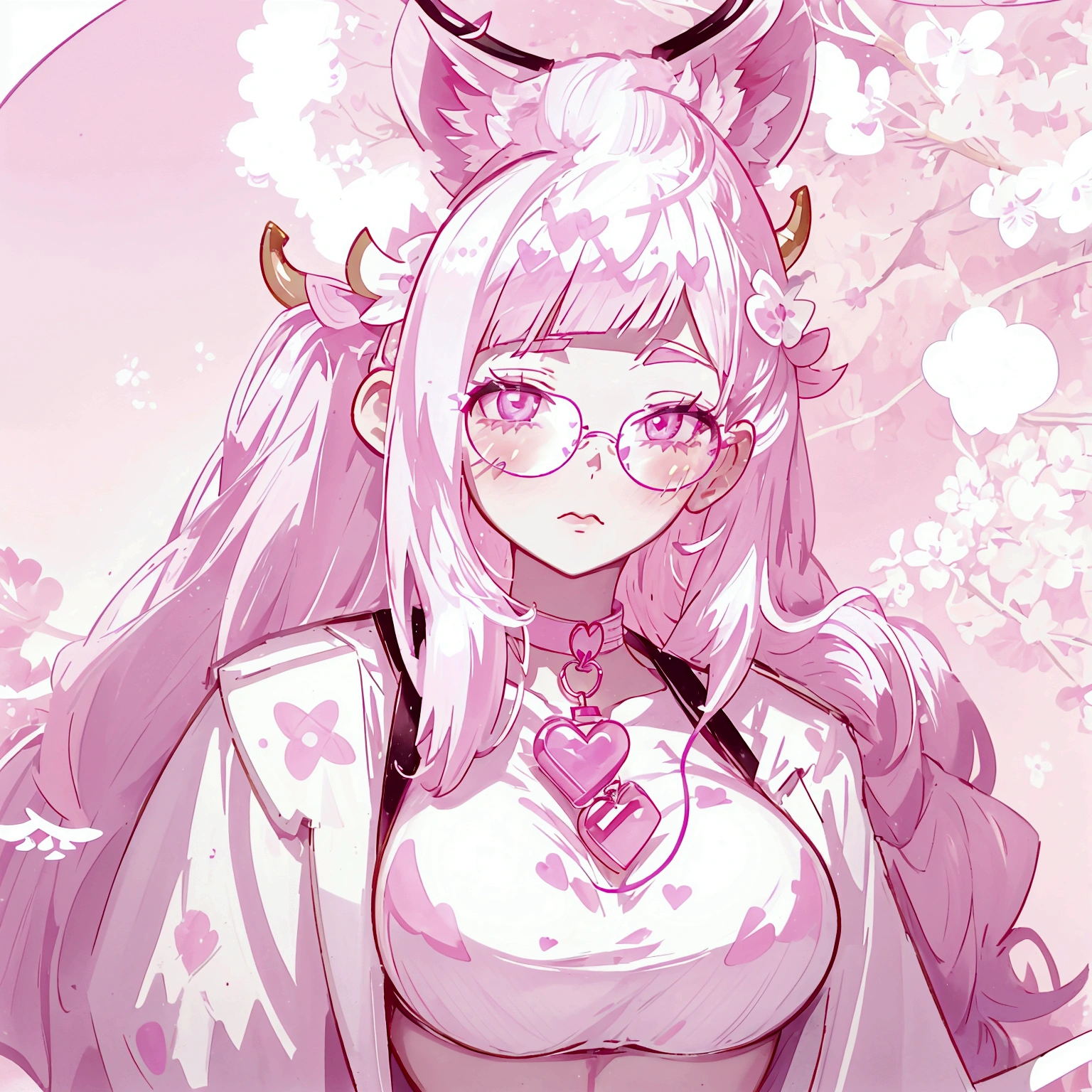 "IMVU, pink hair, pink heart eyes, white round glasses, pale skin, white and pink cow ears, white horns with pink bows, fuzzy white jacket with pink spots, pink cowbell choker, kawaii, soft, high quality, masterpiece, 8k, large breasts, showing cleavage
