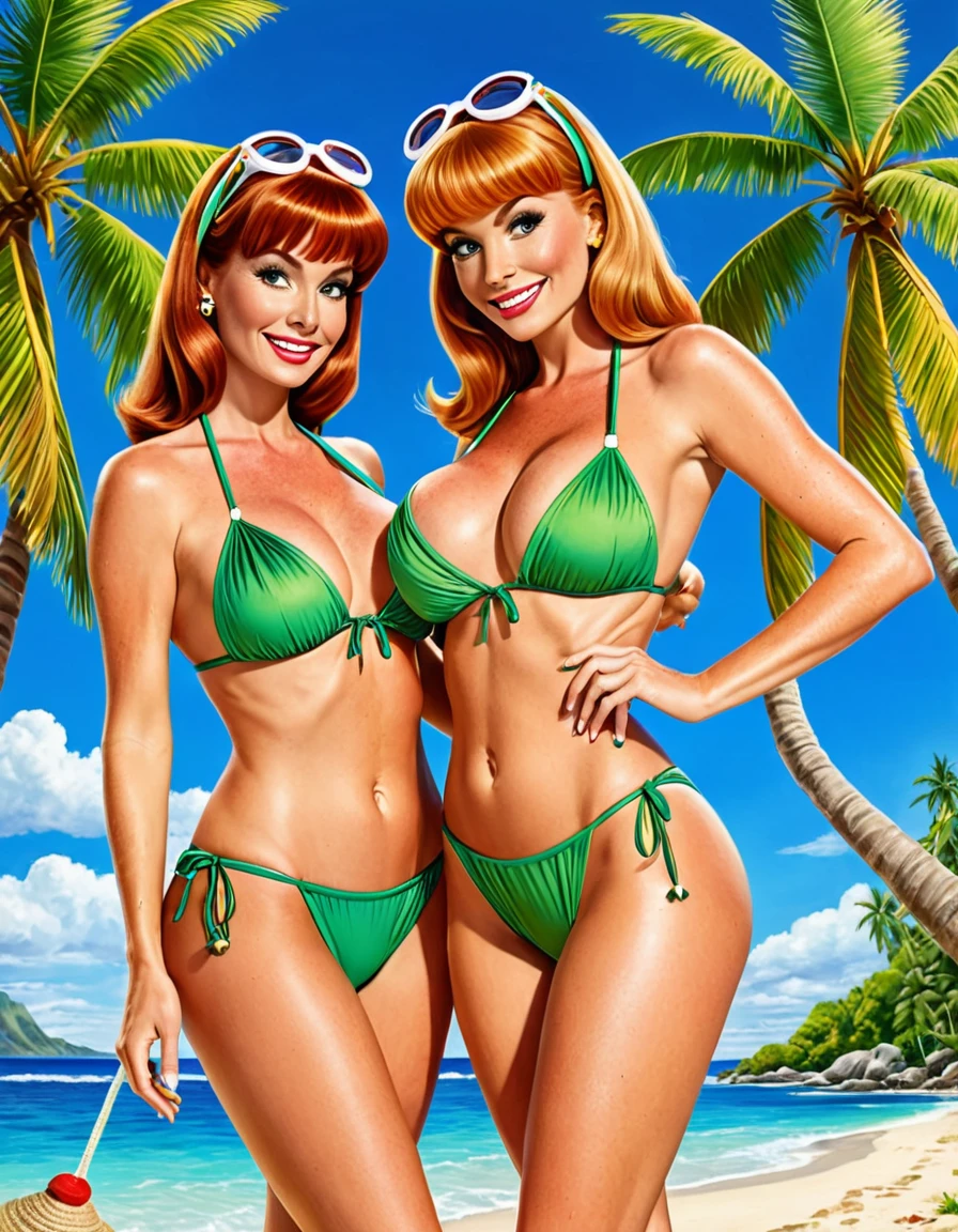 Full body shot of two beautiful females with curvy bodies and large breasts, redhead Daphne Blake and brunette Velma Dinkley, naked, wearing high heel shoes, standing in front of the Mystery Machine