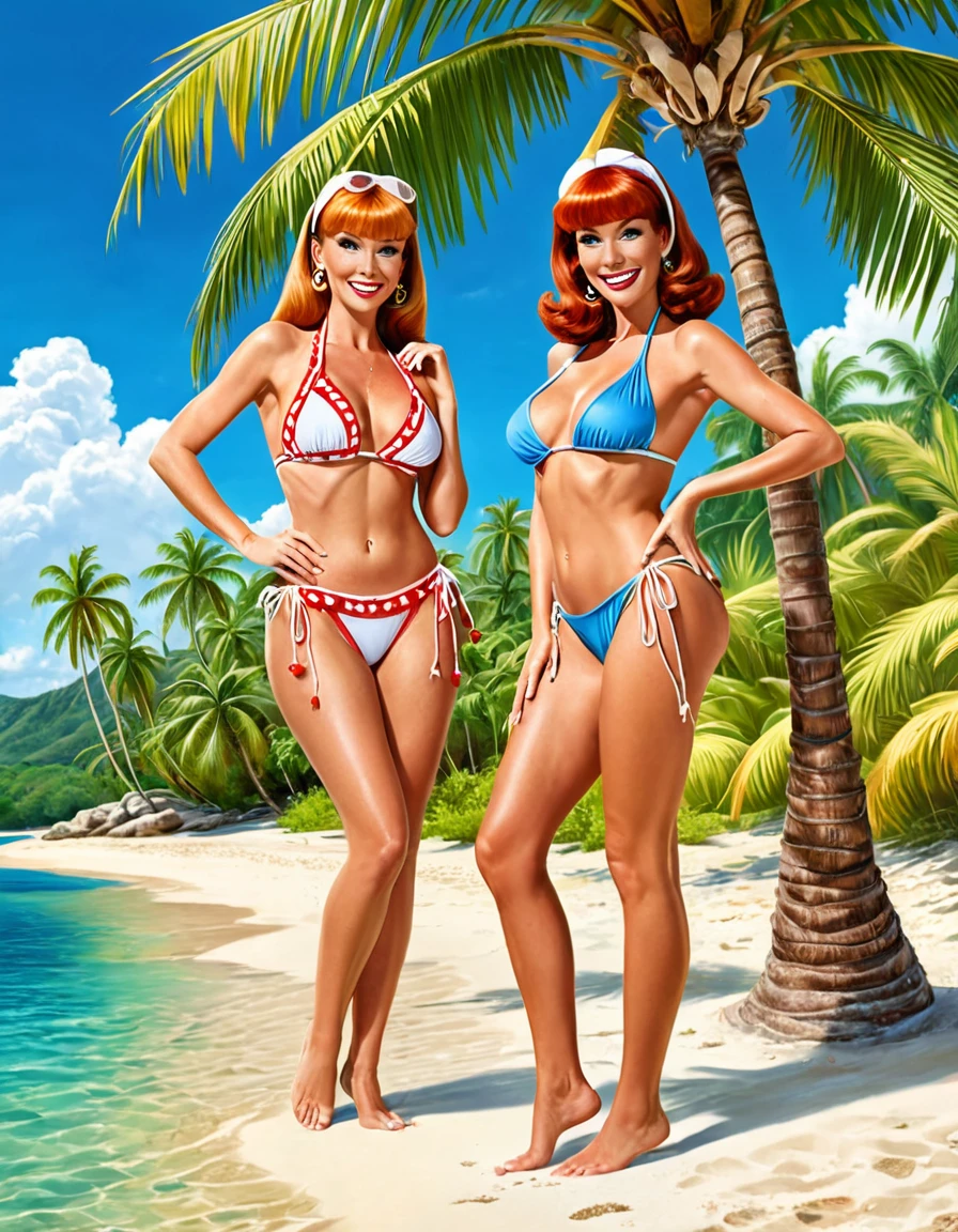 Ginger and Mary Ann from Gilligan's Island wearing string bikinis on a tropical island. Palm trees and clear blue skies. Hyper realistic